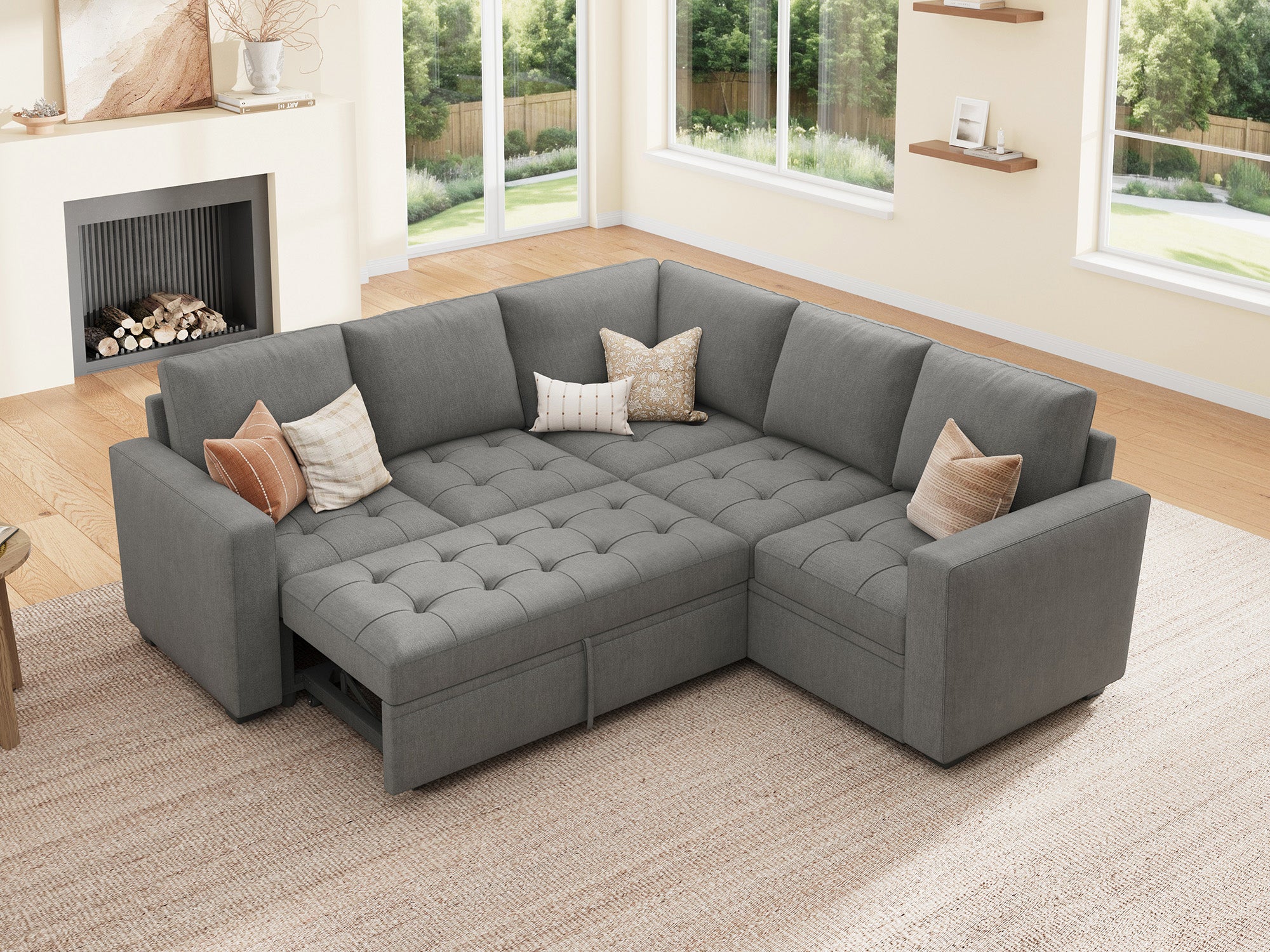 HONBAY 5-Piece Polyester Modular Sleeper Sectional With Storage Space #Color_Warm Grey II