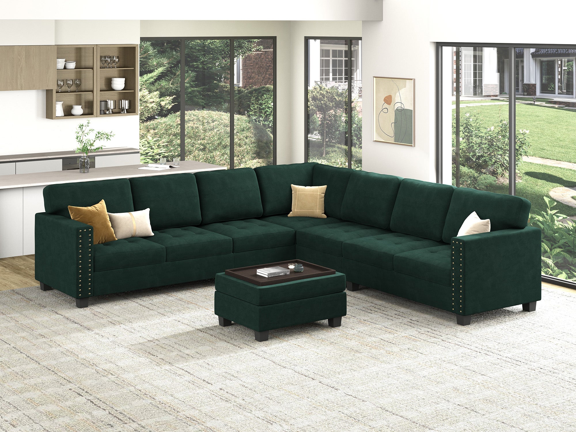 HONBAY 7-Piece Velvet Modular Sectional Sofa With Storage Ottoman