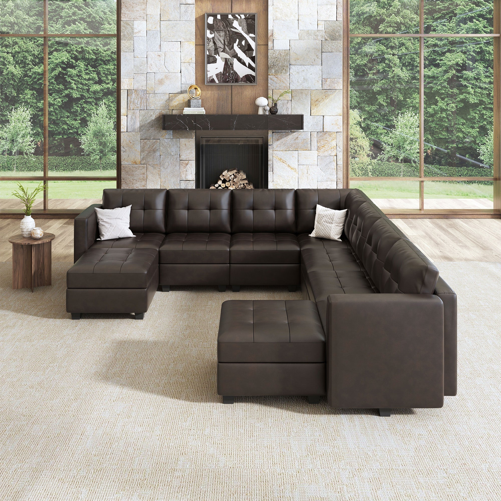 HONBAY 9-Piece Faux Leather Modular Sleeper Sectional With Storage Seat