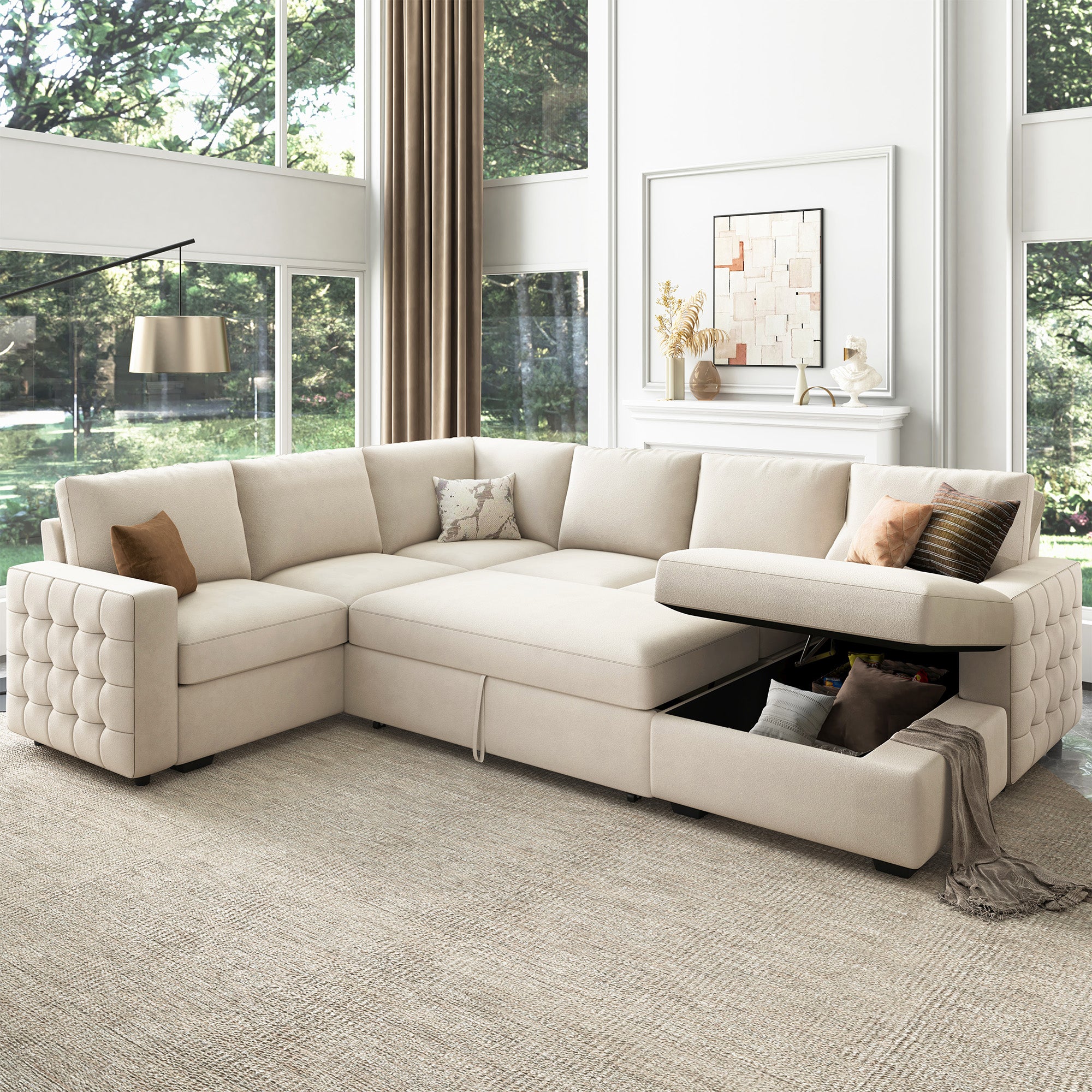 HONBAY 6-Piece Velvet Sleeper Sectional With Storage Space #Color_Beige