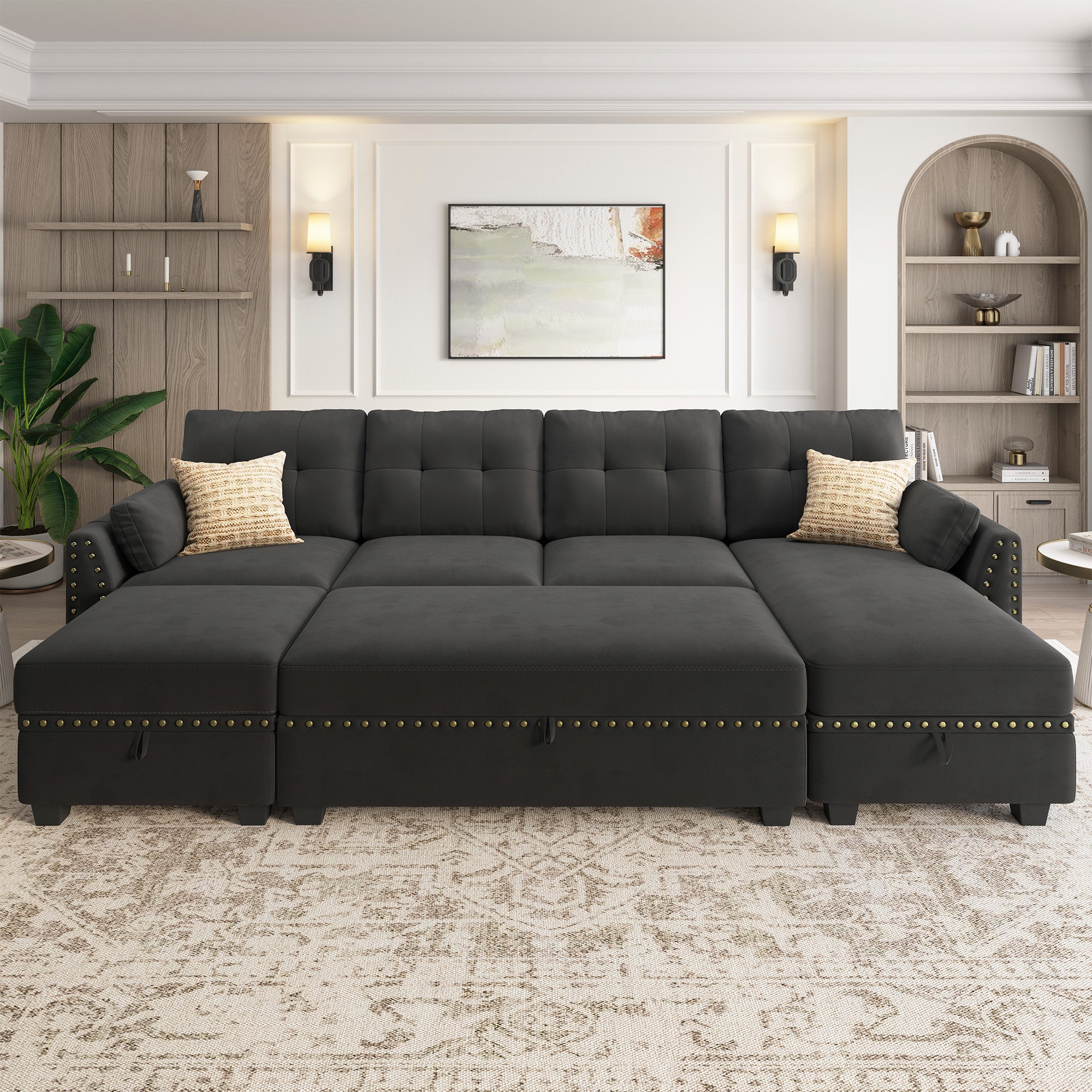 HONBAY Velvet 4-Seat Sectional Sofa Sleeper with Storage