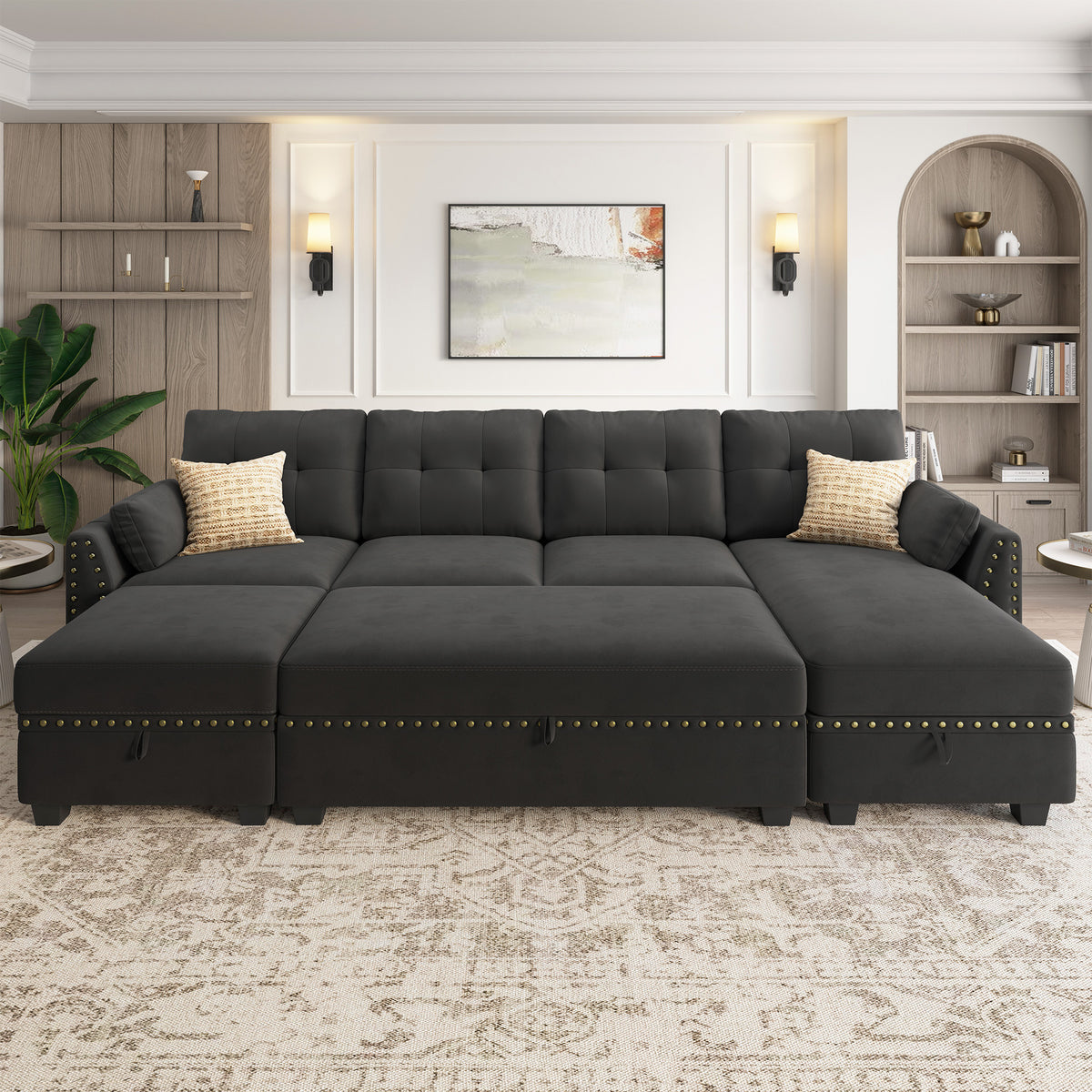 Modern Velvet Sleeper Sectional Sofa Couch Set with Storage Ottoman