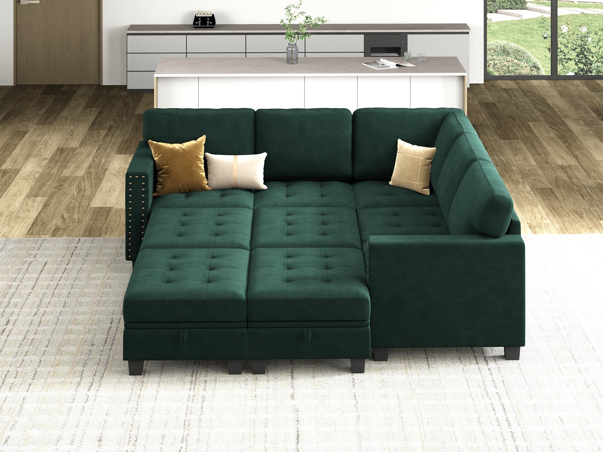 HONBAY 9-Piece Velvet Modular Sleeper Sectional With Storage Space