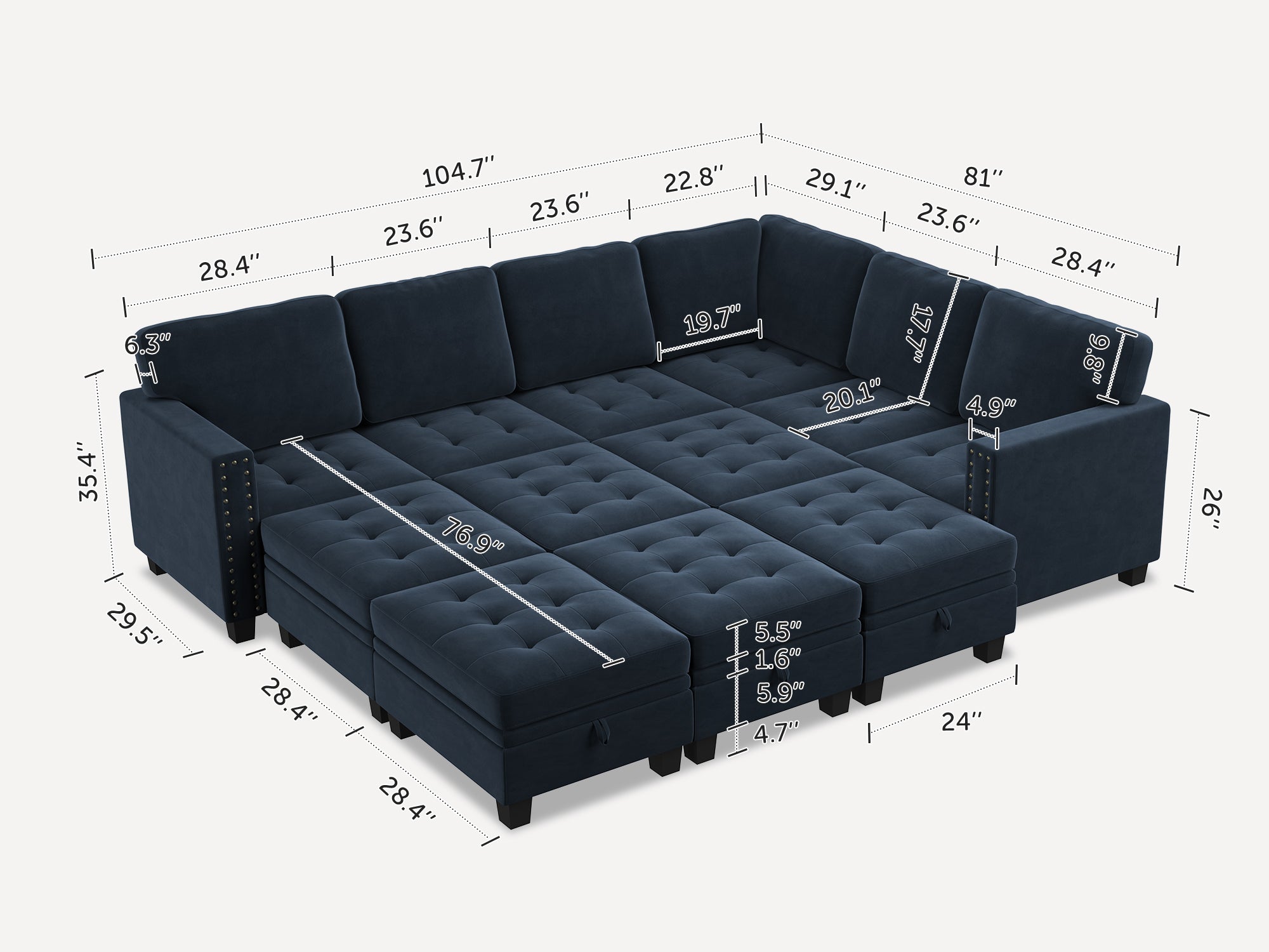 HONBAY 12-Piece Velvet Modular Sleeper Sectional With Storage Space