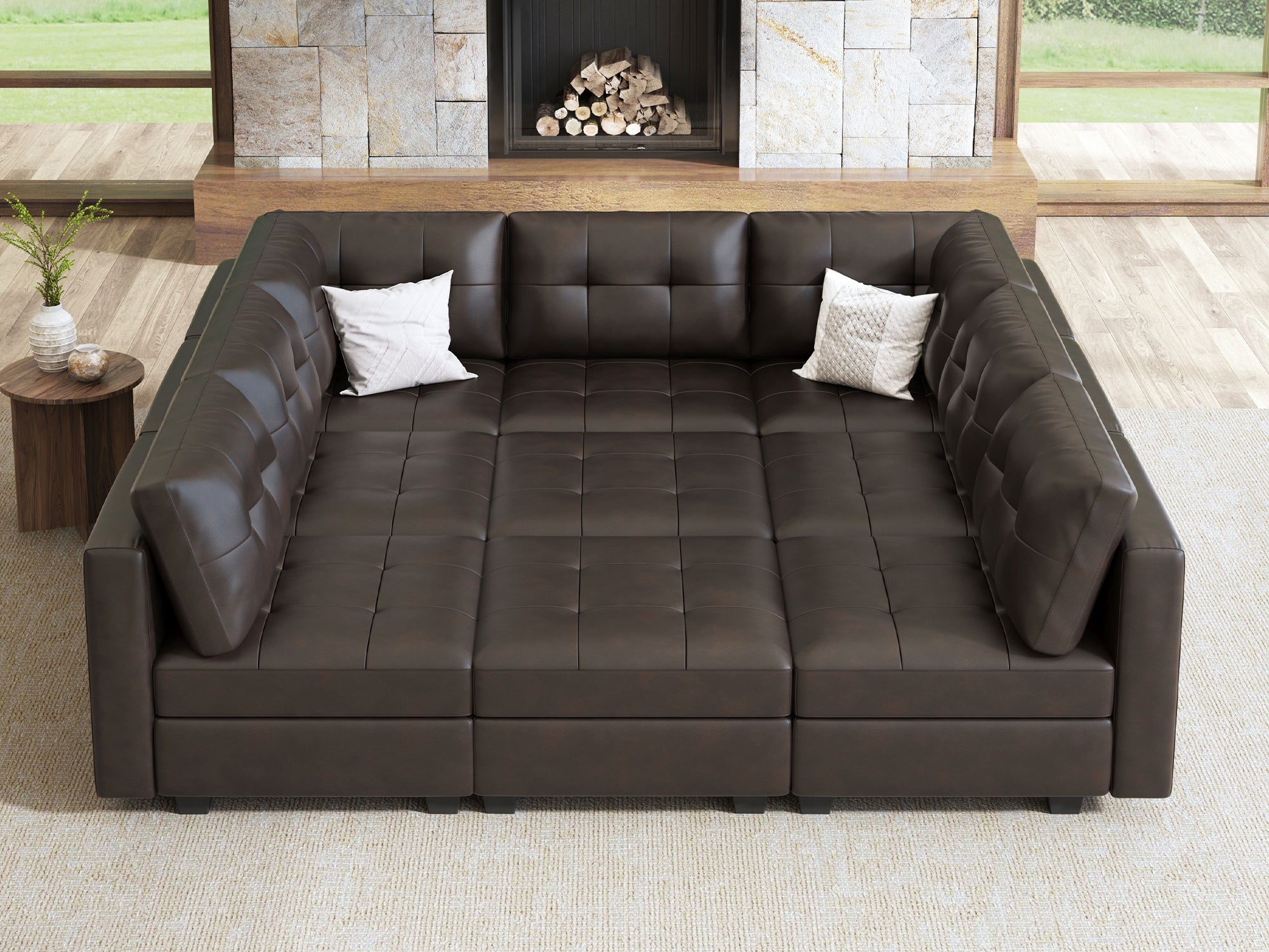 A large Faux Leather Modular Sleeper Sectional Sofa 