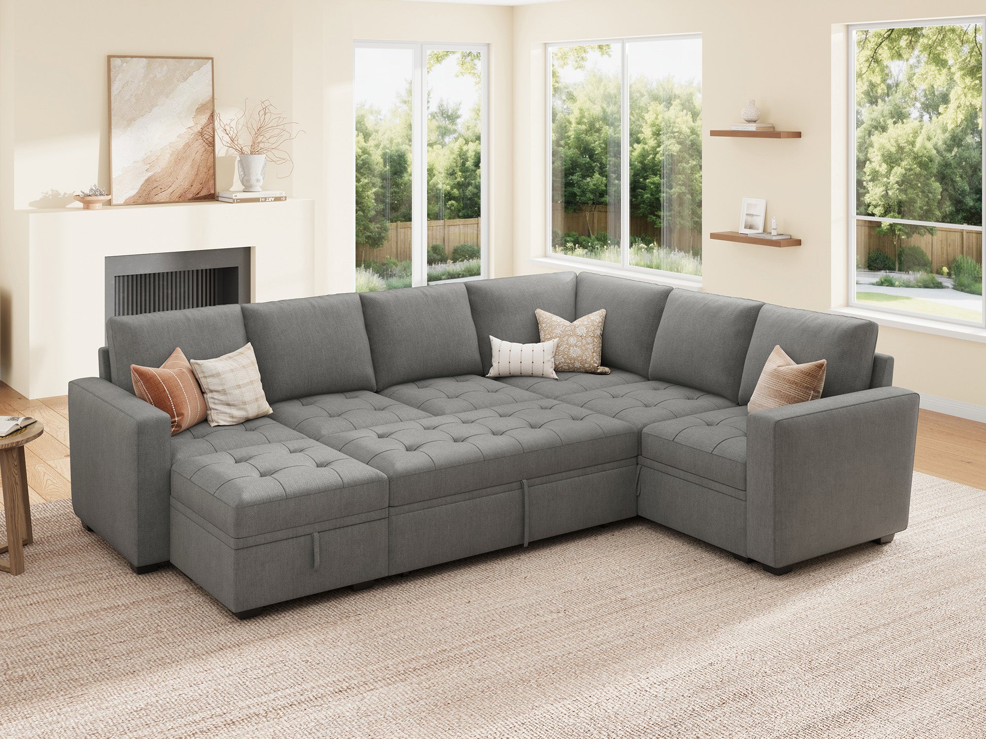 HONBAY 7-Piece Polyester Modular Sleeper Sectional Sofa With Storage Space