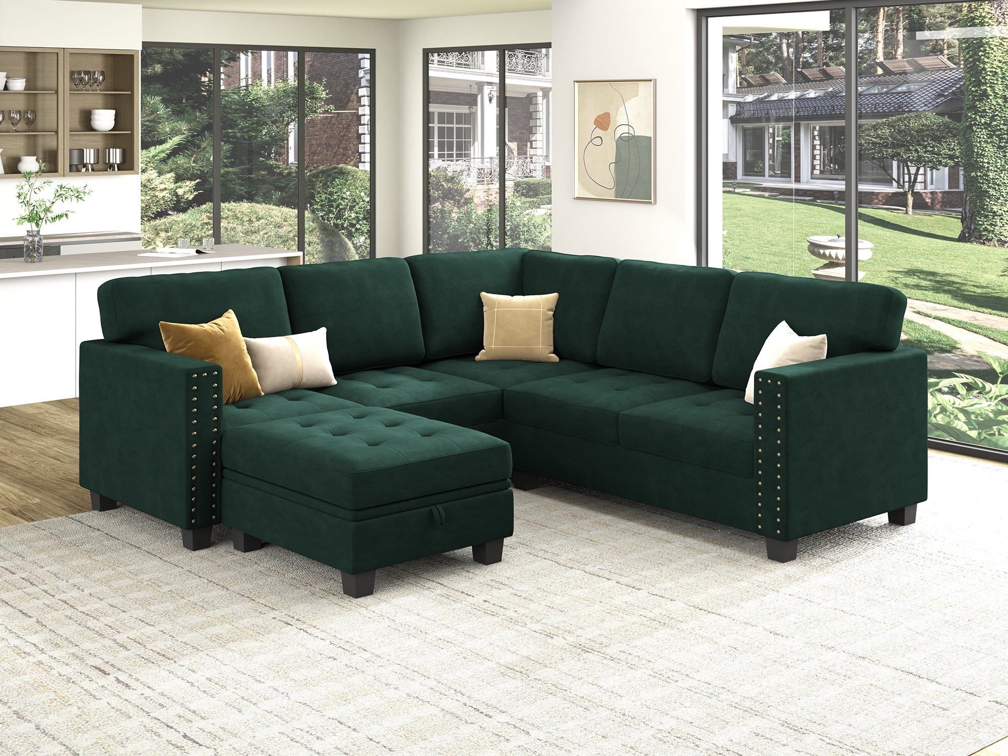 HONBAY 6-Piece Velvet Modular Sectional With Storage Ottoman