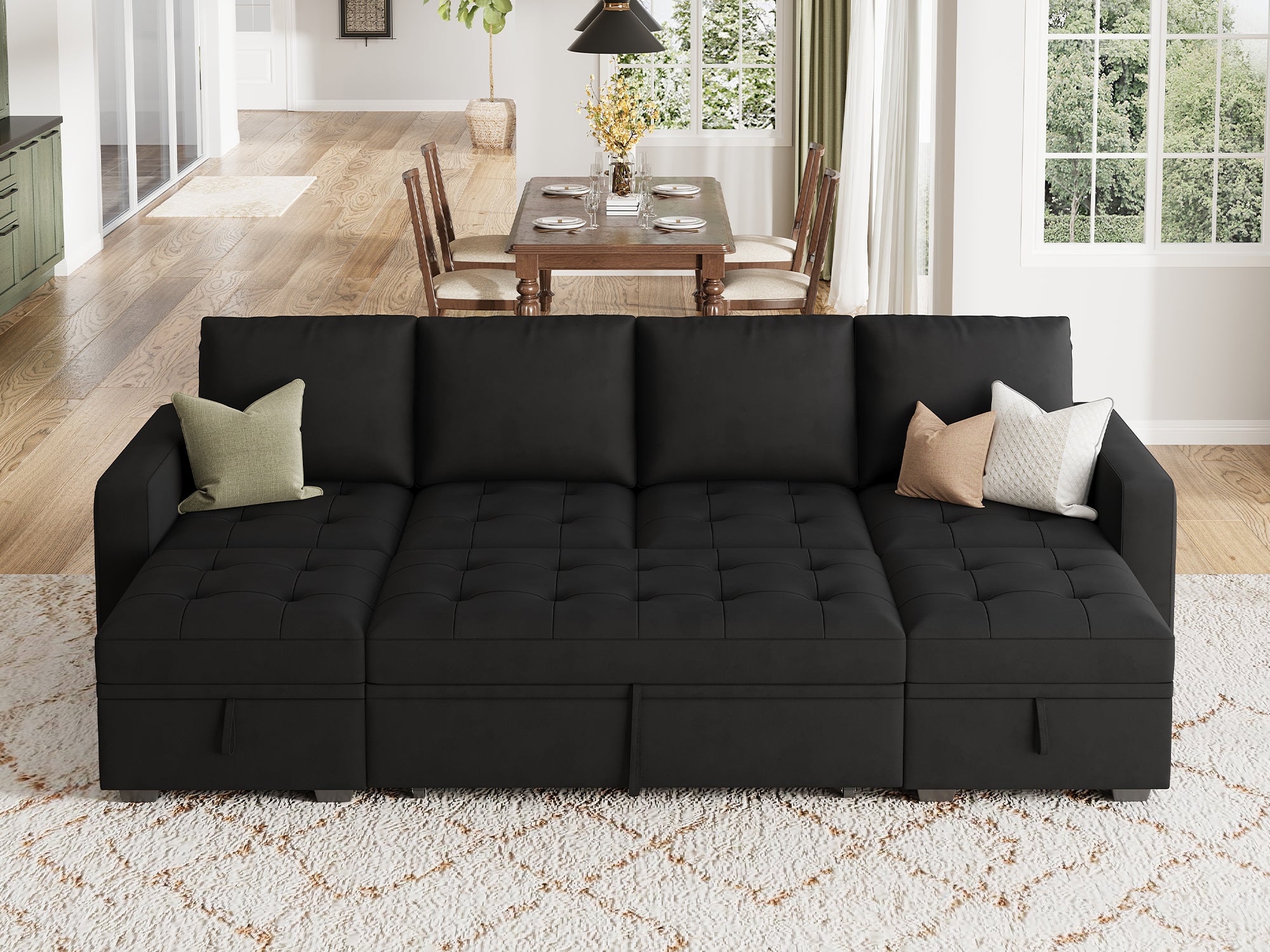 HONBAY Sleep Modular Sofa 6-Seat Sofa Bed with 4-Storage Space #Color_Black Style II