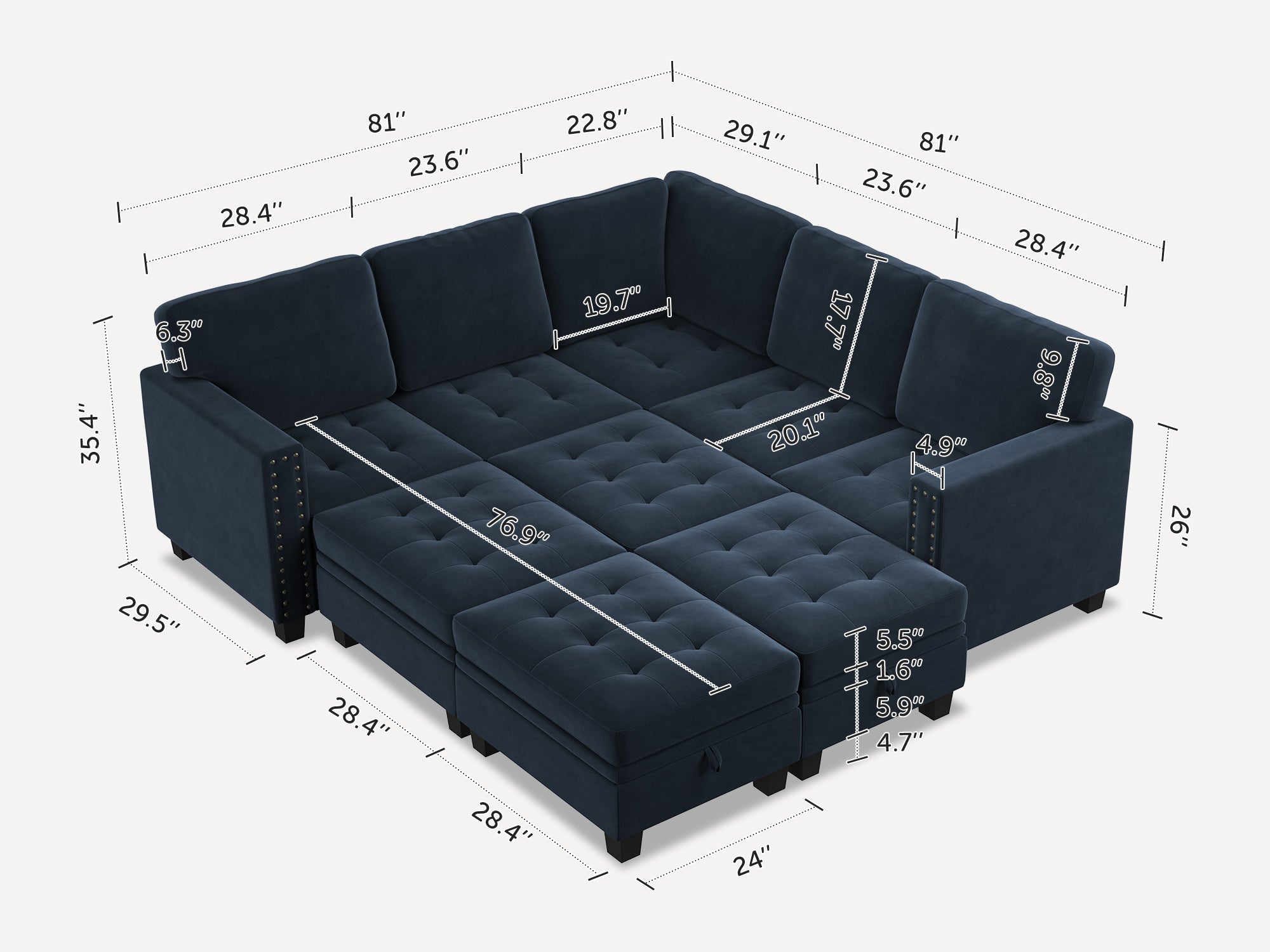 HONBAY 9-Piece Velvet Modular Sleeper Sectional With Storage Space