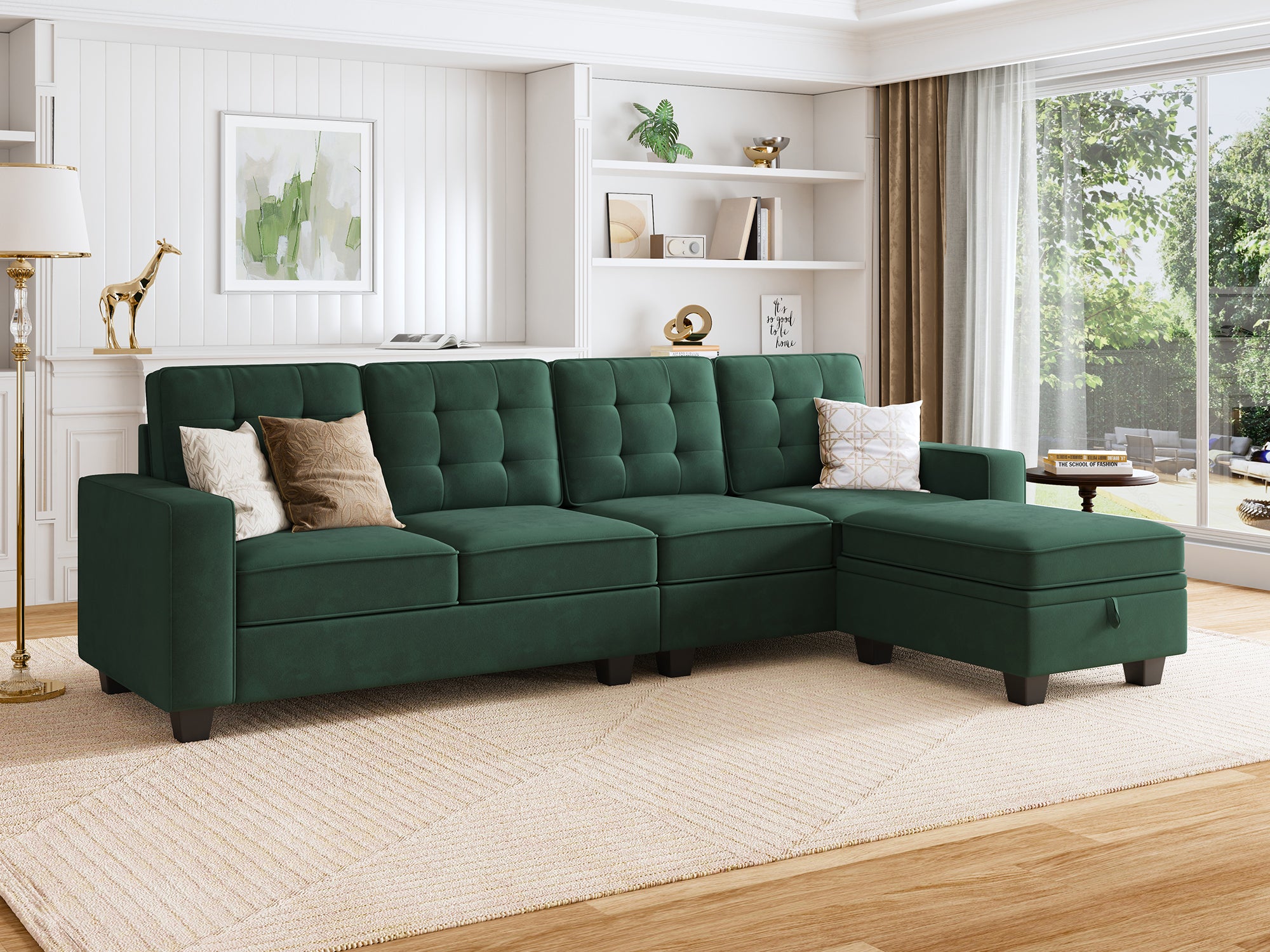 HONBAY 5-Piece Velvet Convertible Sectional With Storage Ottoman