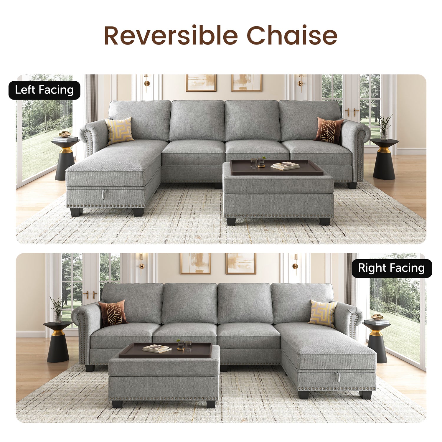 NOLANY Convertible Sectional Sofa 4-Seat with Reversible Chaise L Shaped Couch with Storage Ottoman for Living Room Furniture