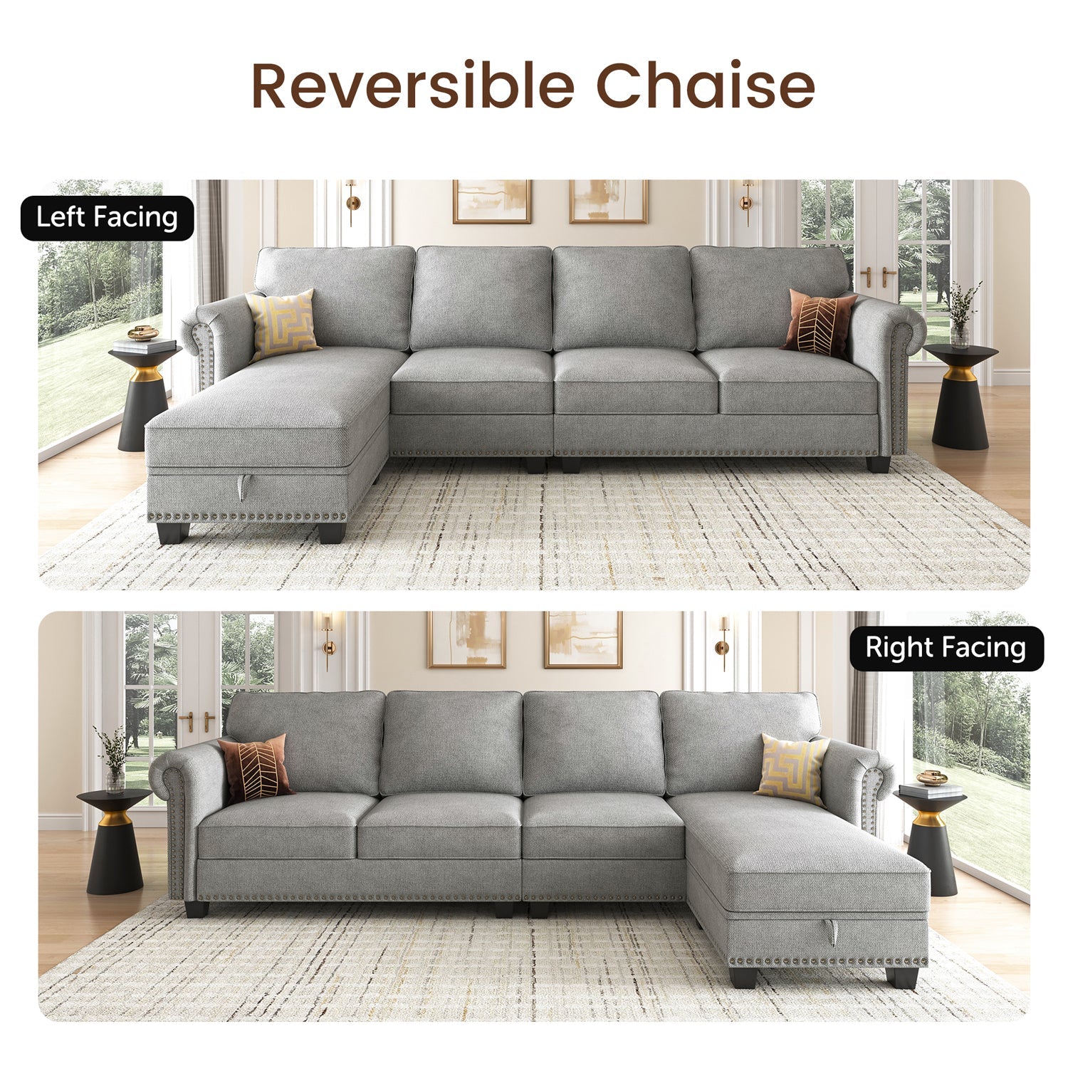Linen Convertible Sectional With Storage Ottoman With Measurements