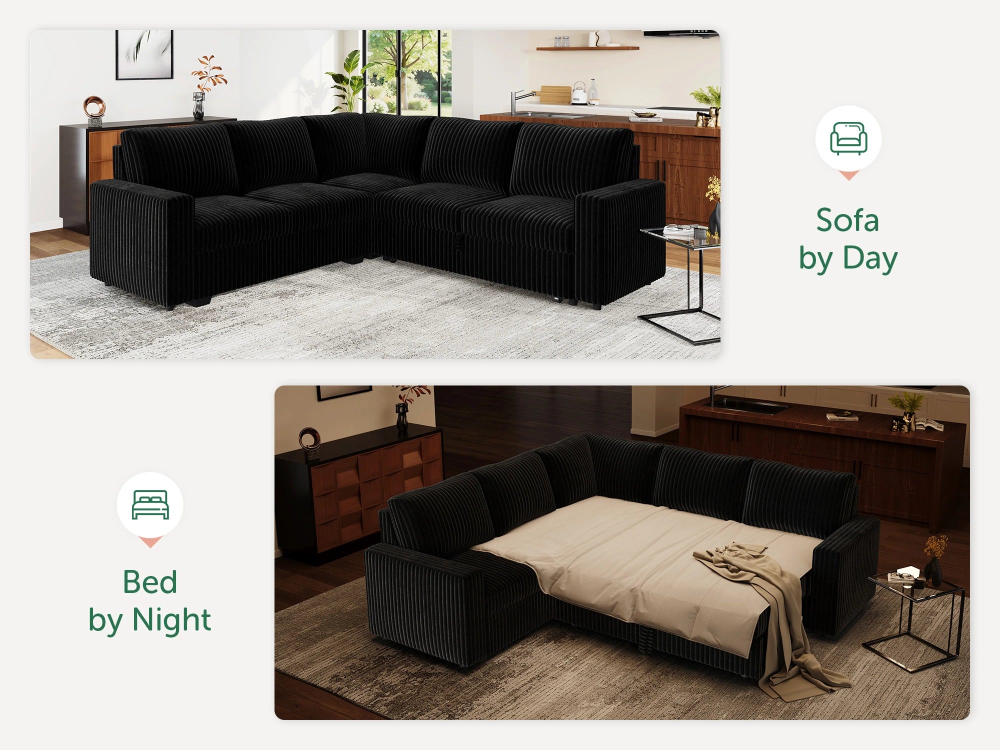 5-Piece Corduroy U-Shaped  Sleeper Sectional 
#Color_Wide Corduroy Black