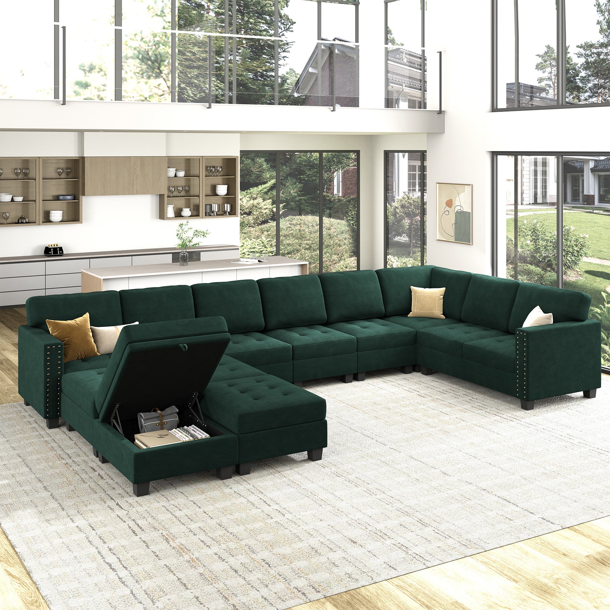HONBAY Wraparound Modular Sofa 12-Seat With 1-Storage Space+1-Left Arm+1-Right Arm #Color_Green