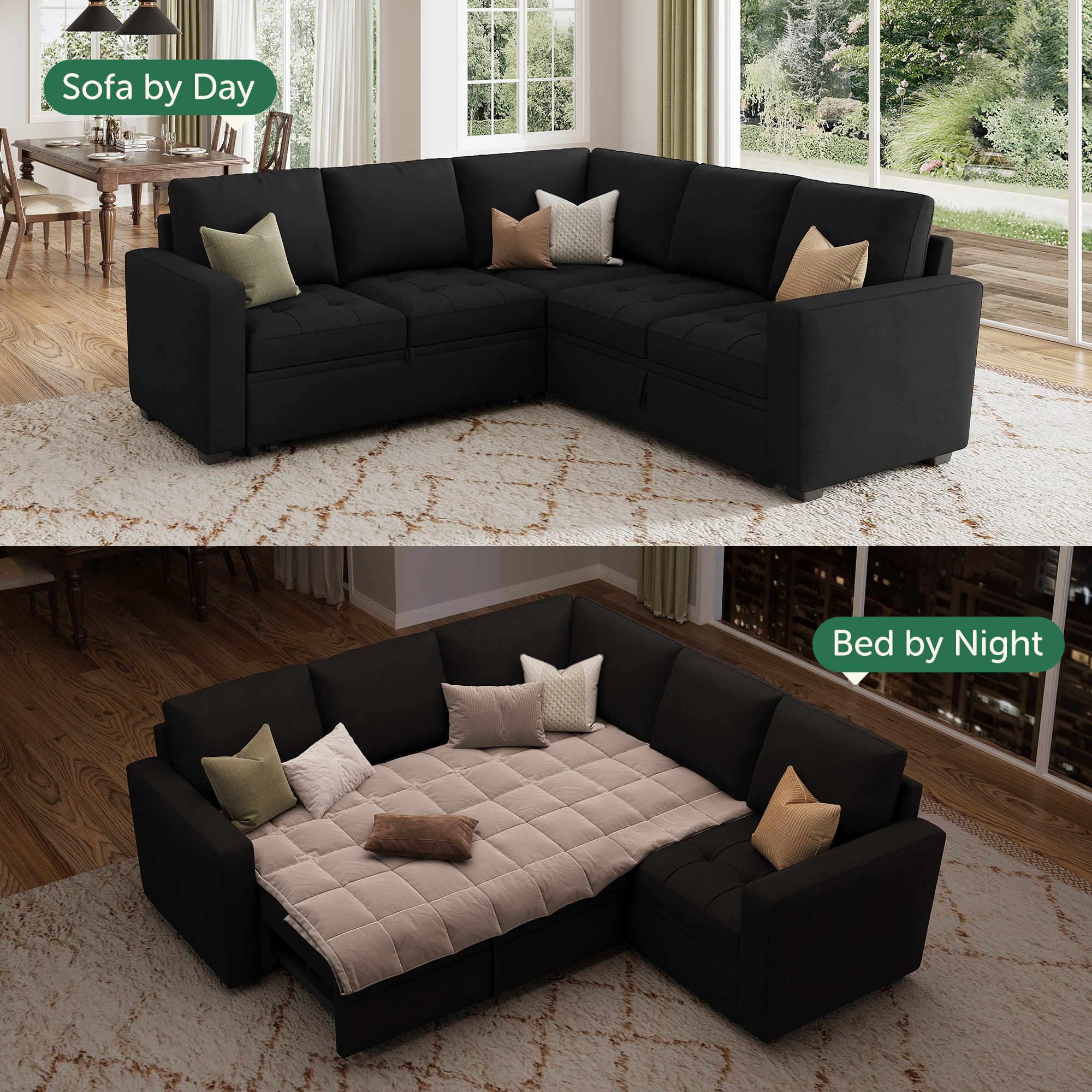 HONBAY 5-Piece Velvet Modular Sleeper Sectional Sofa With Storage Space