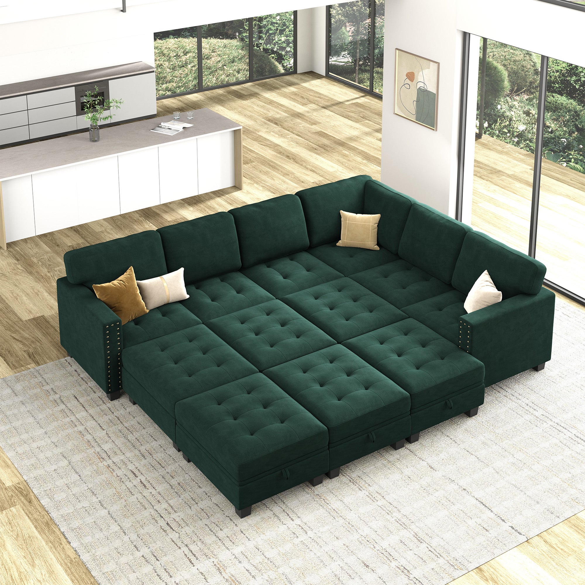 HONBAY Wraparound Modular Sofa 12-Seat With 5-Storage Space+1-Left Arm+1-Right Arm #Color_Green