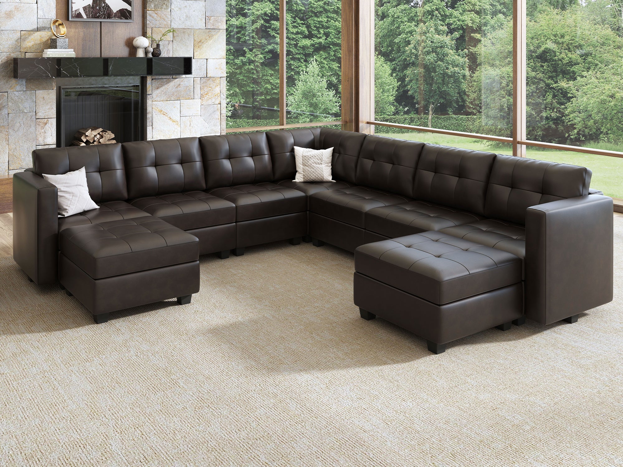 HONBAY 9-Piece Faux Leather Modular Sleeper Sectional Sofa With Storage Seat