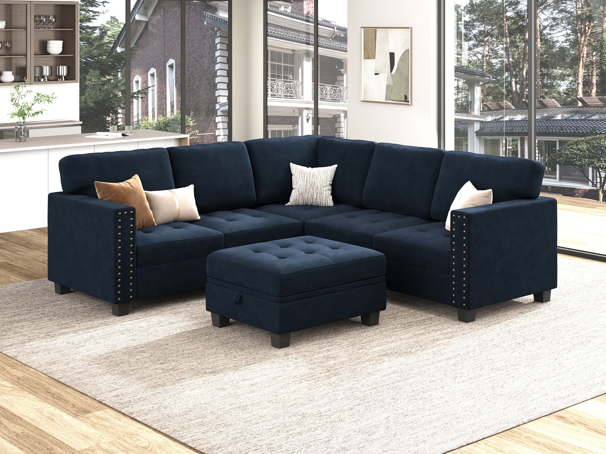 HONBAY 6-Piece Velvet Modular Sectional With Storage Ottoman