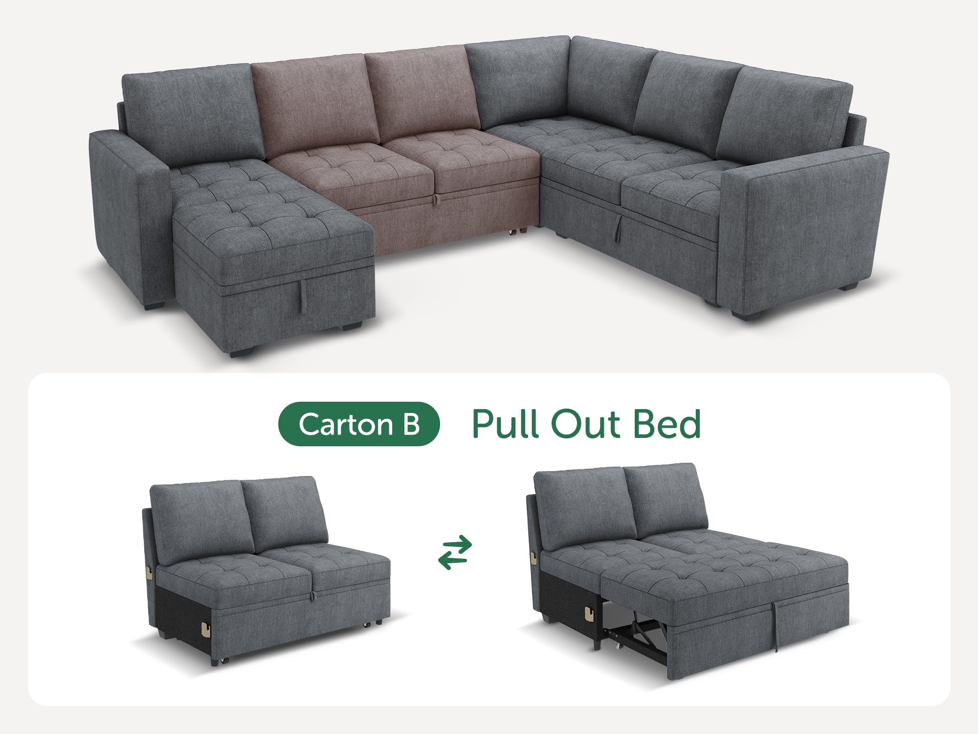 HONBAY 1 Piece Modular Sectional Sofa Pull Out Bed