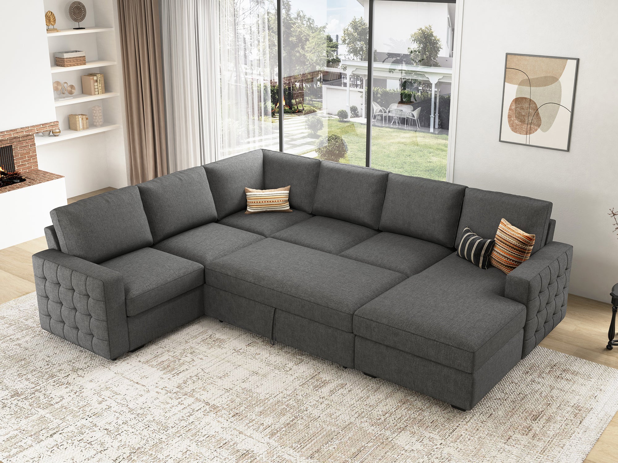 HONBAY 6-Seat U-Shaped Sectional Sofa Bed Sleeper Couch with Pull Out Bed & Storage Chaise