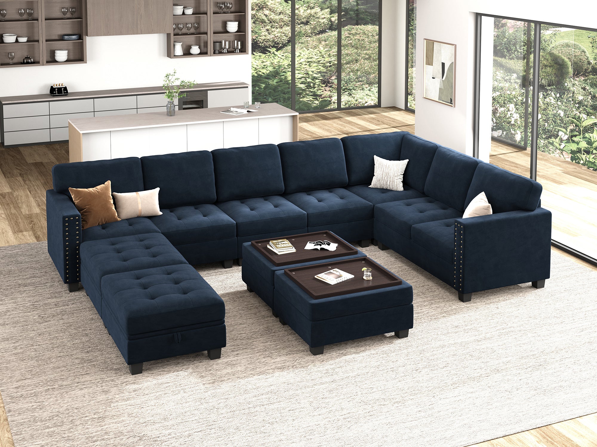 HONBAY 11-Piece Velvet Modular Sleeper Sectional With Storage Space