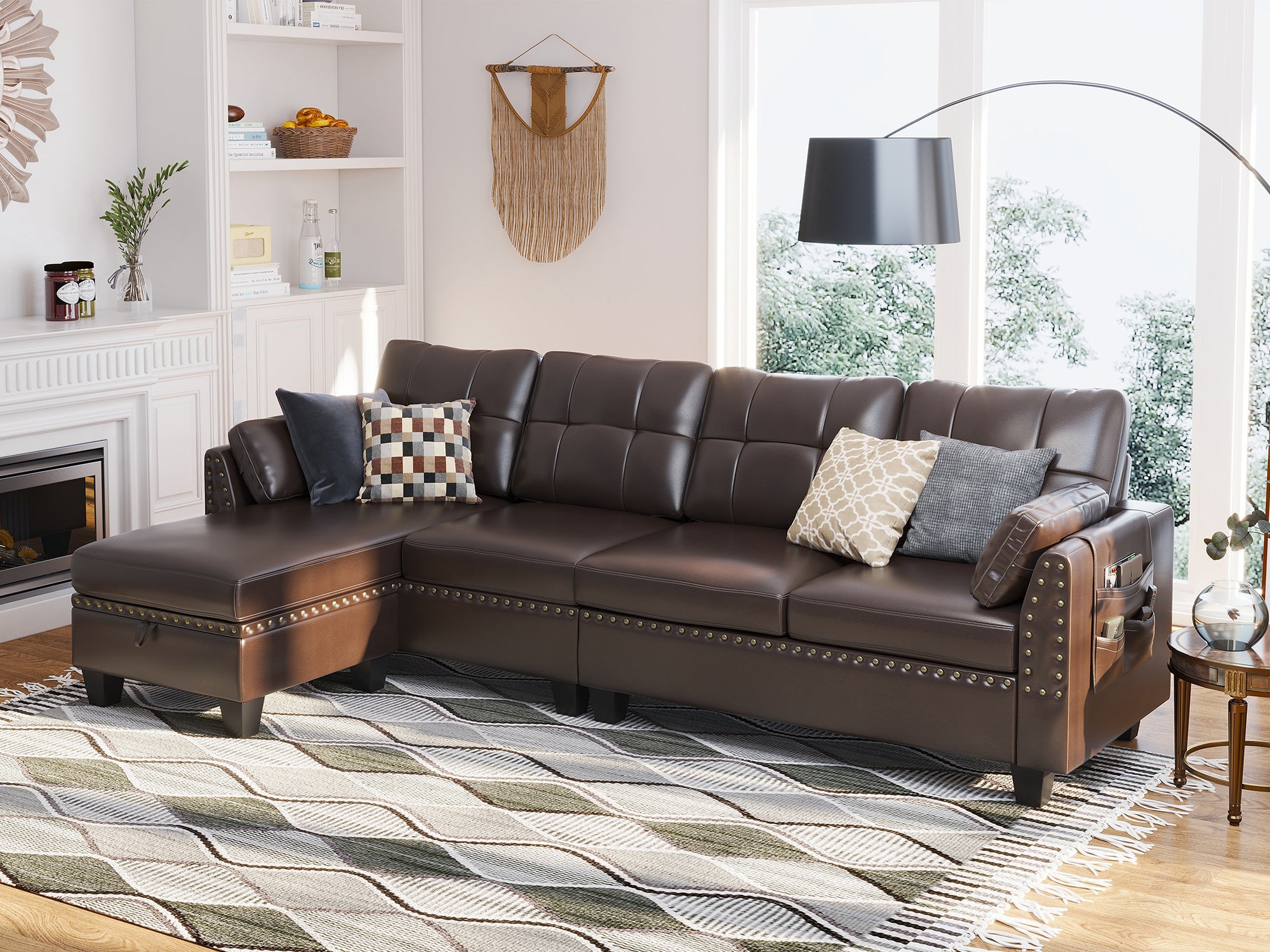 HONBAY 4-Piece Faux Leather Convertible Sectional With Storage Ottoman