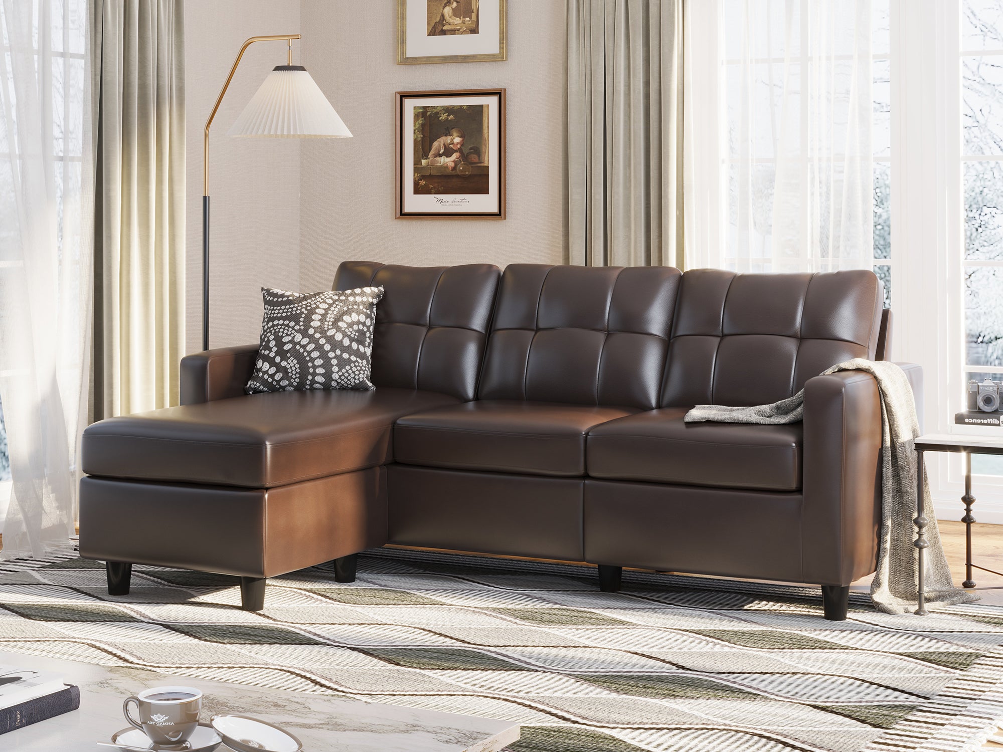 HONBAY 3-Piece Faux Leather Convertible Sectional Sofa