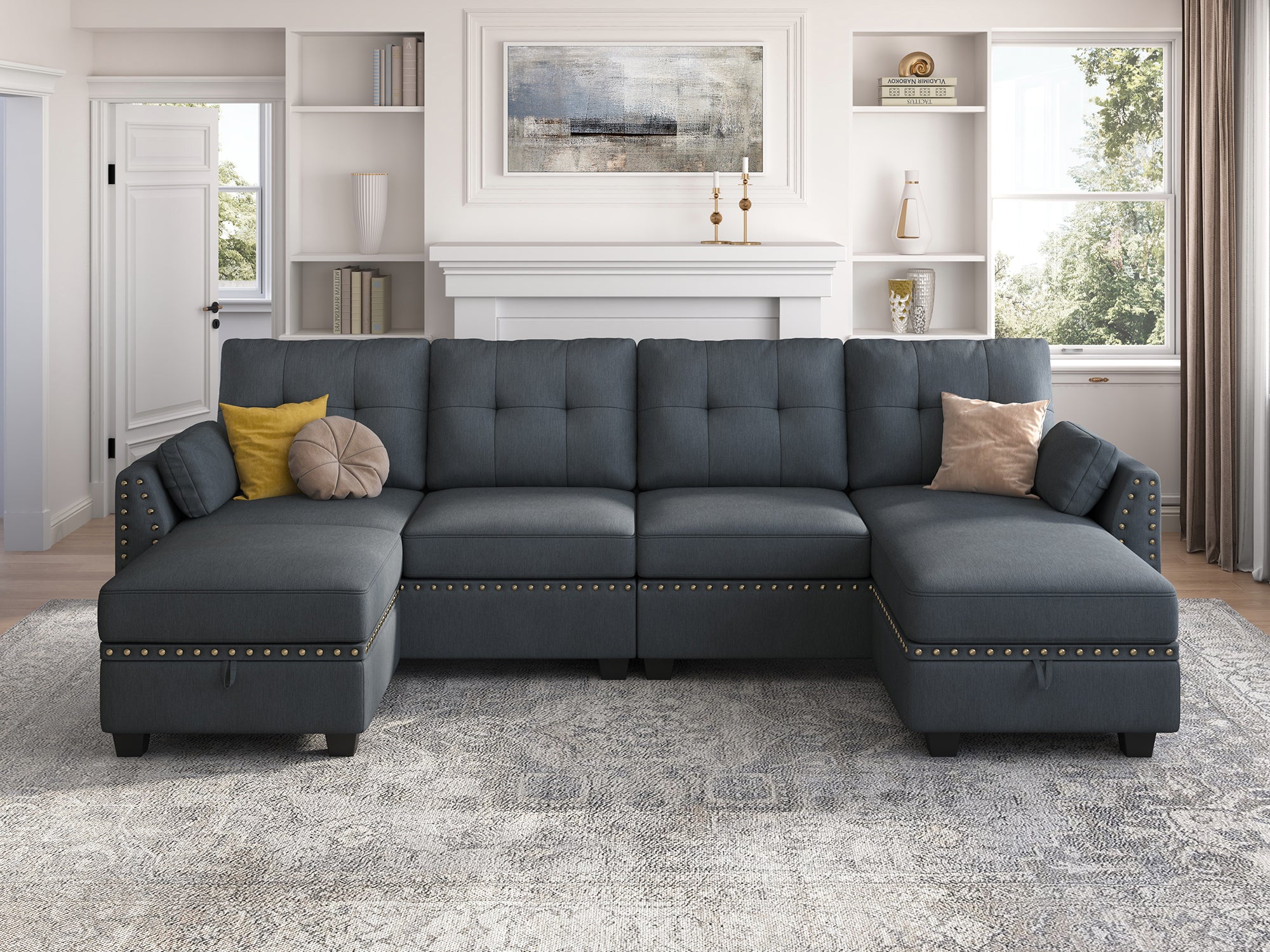 HONBAY 5-Piece Polyester Convertible Sectional With Storage Ottoman