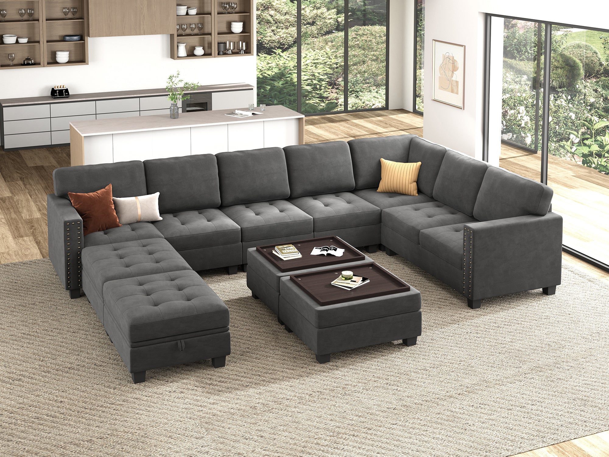 HONBAY 11-Piece Velvet Modular Sleeper Sectional With Storage Space