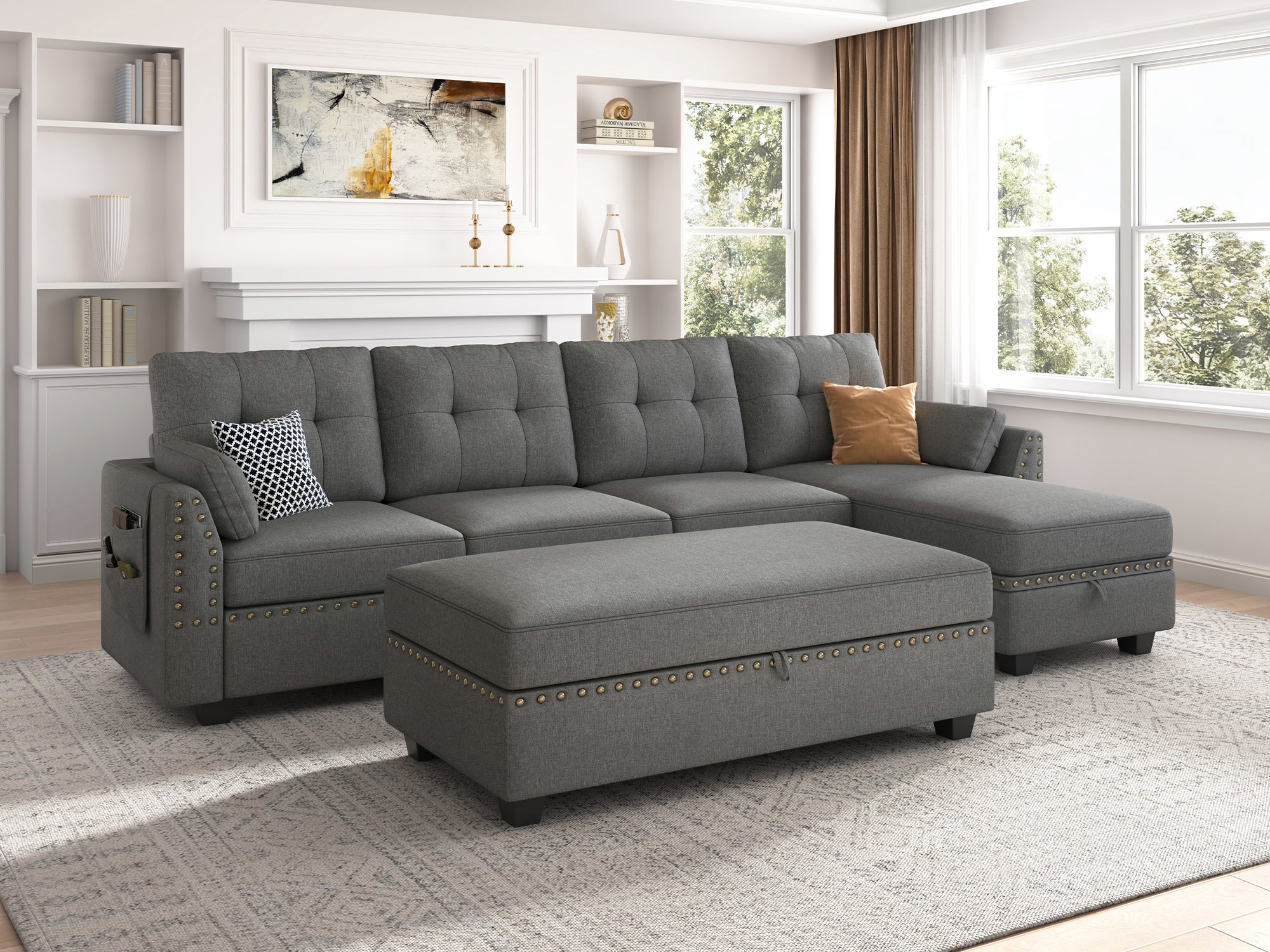 HONBAY 5-Piece Polyester Convertible Sectional With Storage Ottoman