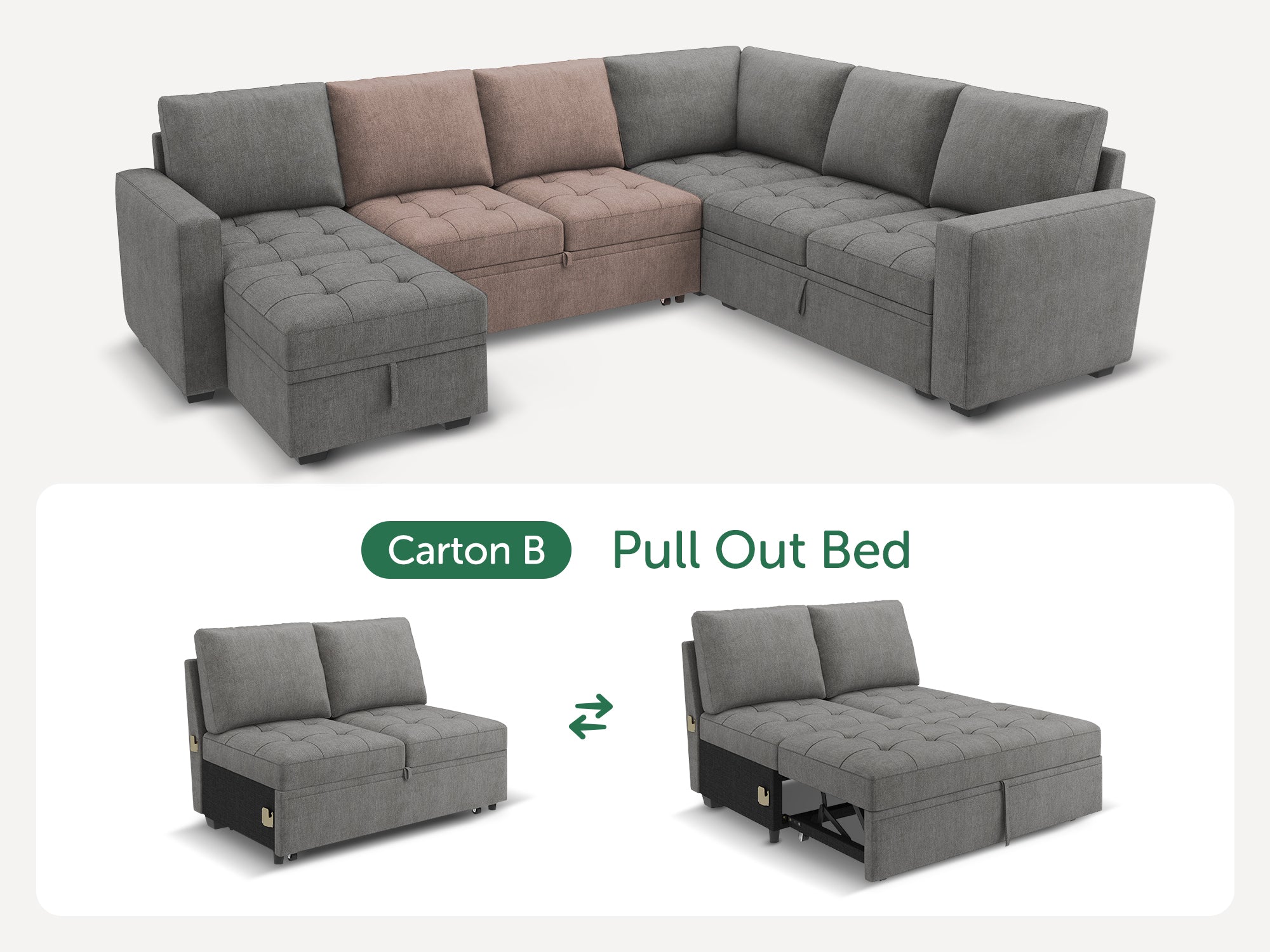 HONBAY 1 Piece Modular Sectional Sofa Pull Out Bed