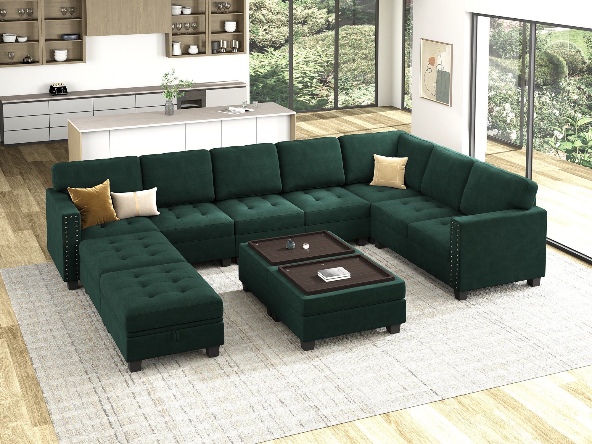 HONBAY 11-Piece Velvet Modular Sleeper Sectional With Storage Space