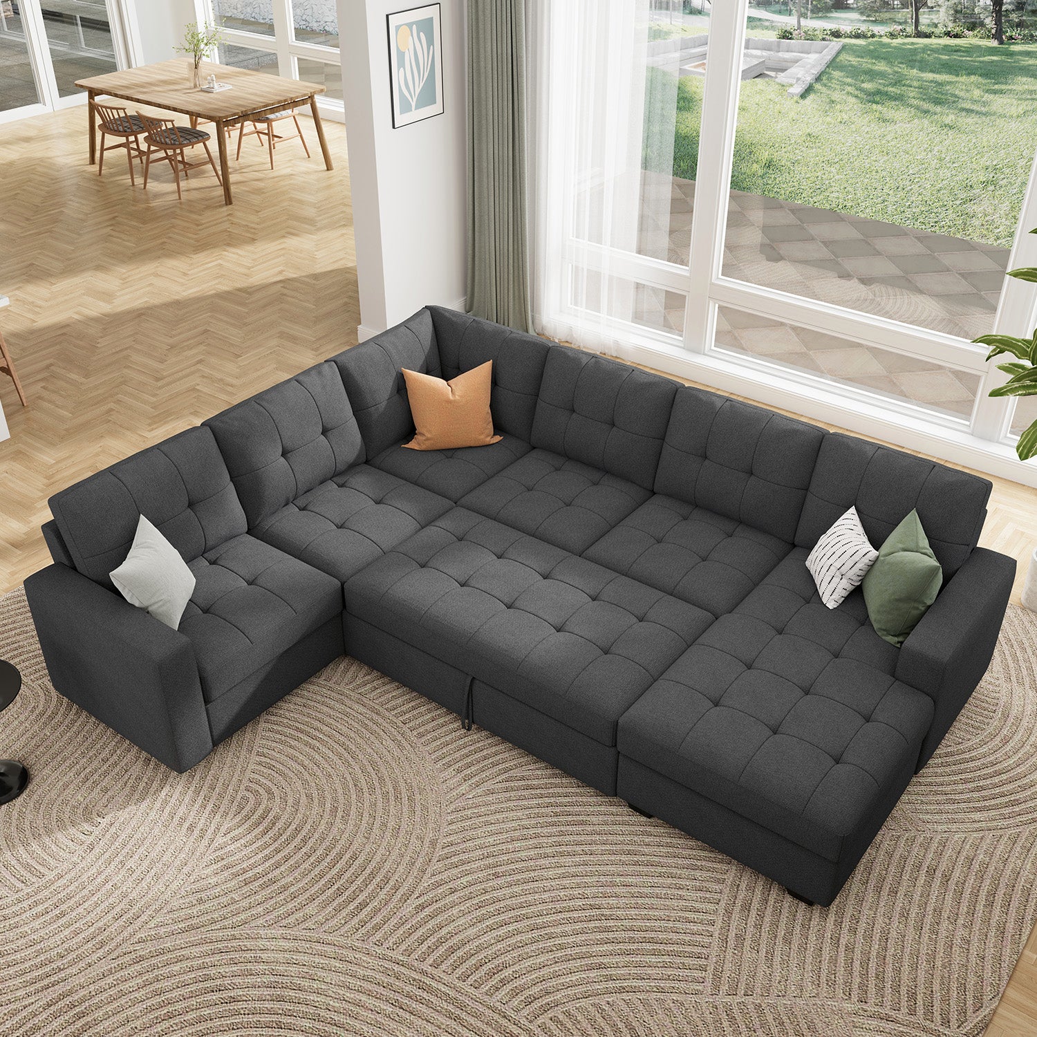 HONBAY 6-Piece Polyester Sleeper Sectional With Storage Space #Color_Light Grey Style II