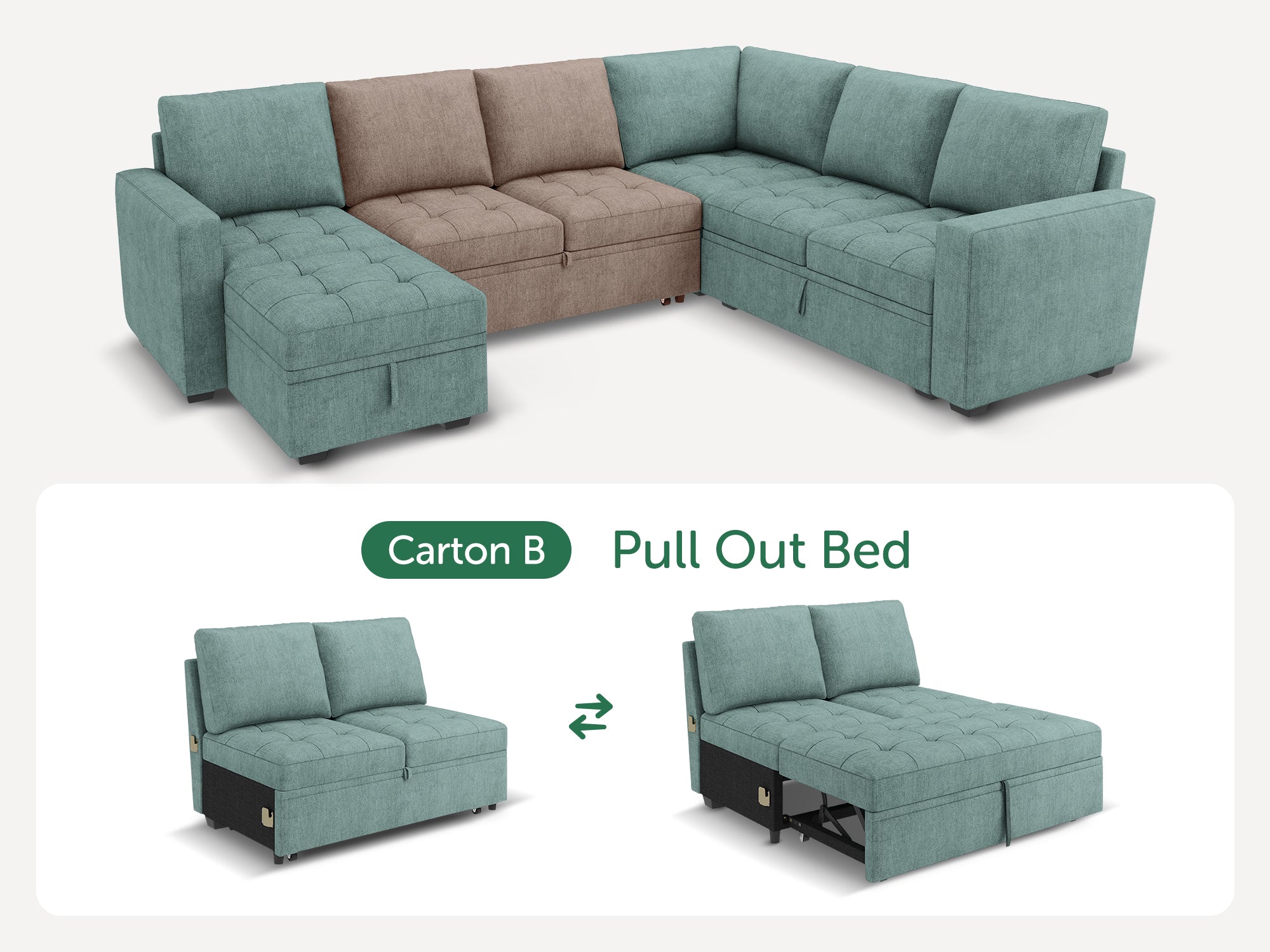 HONBAY 1 Piece Modular Sectional Pull Out Bed #Color_Aqua Blue