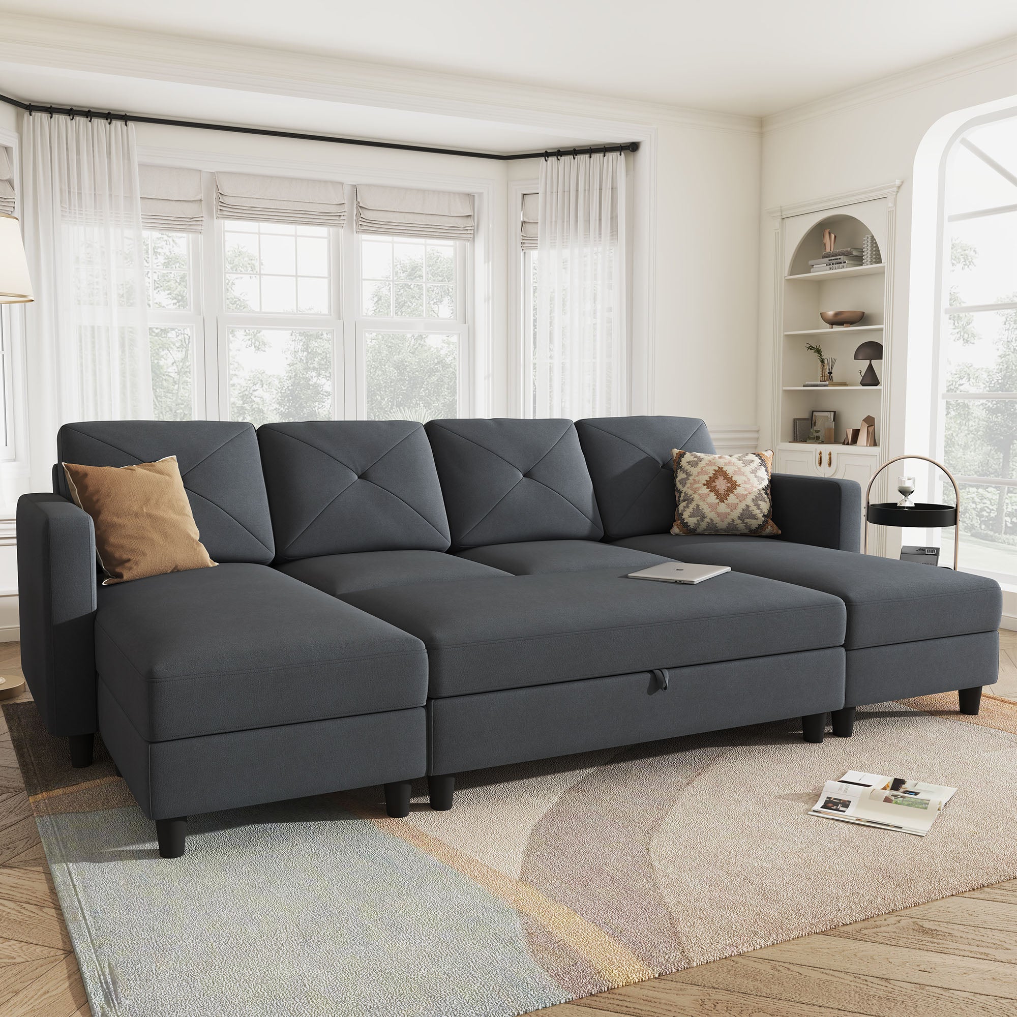 HONBAY 6-Piece Polyester Convertible Sleeper Sectional With Storage Ottoman
