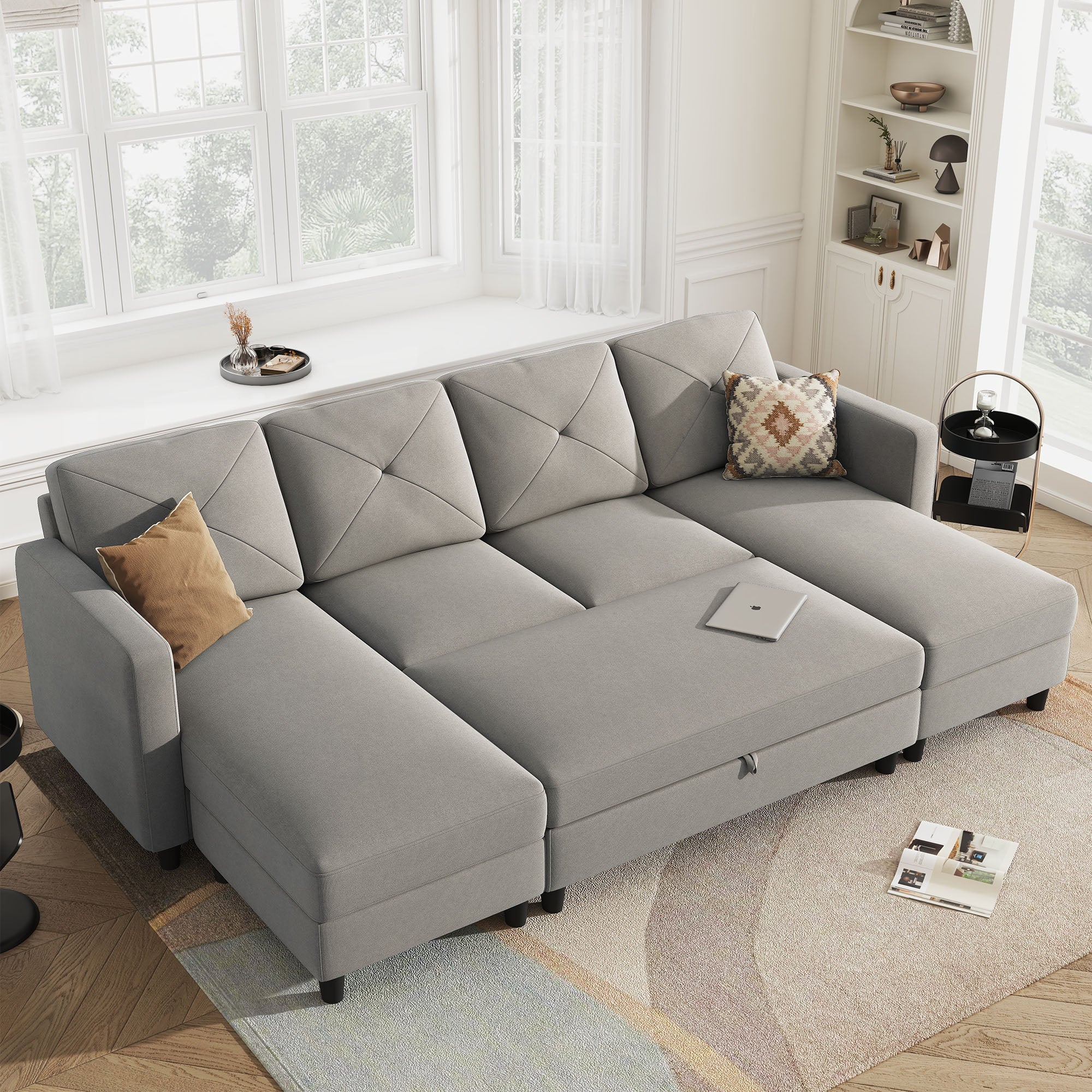 HONBAY 6-Piece Polyester Convertible Sleeper Sectional With Storage Ottoman