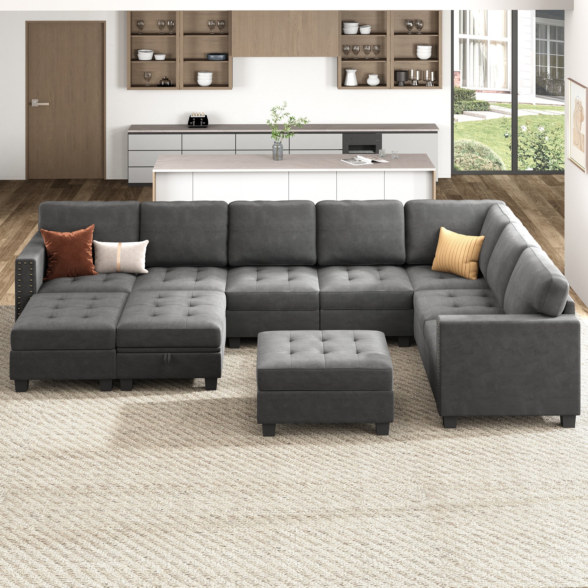 HONBAY Wraparound Modular Sofa 10-Seat With 1-Storage Space+1-Left Arm+1-Right Arm #Color_Grey