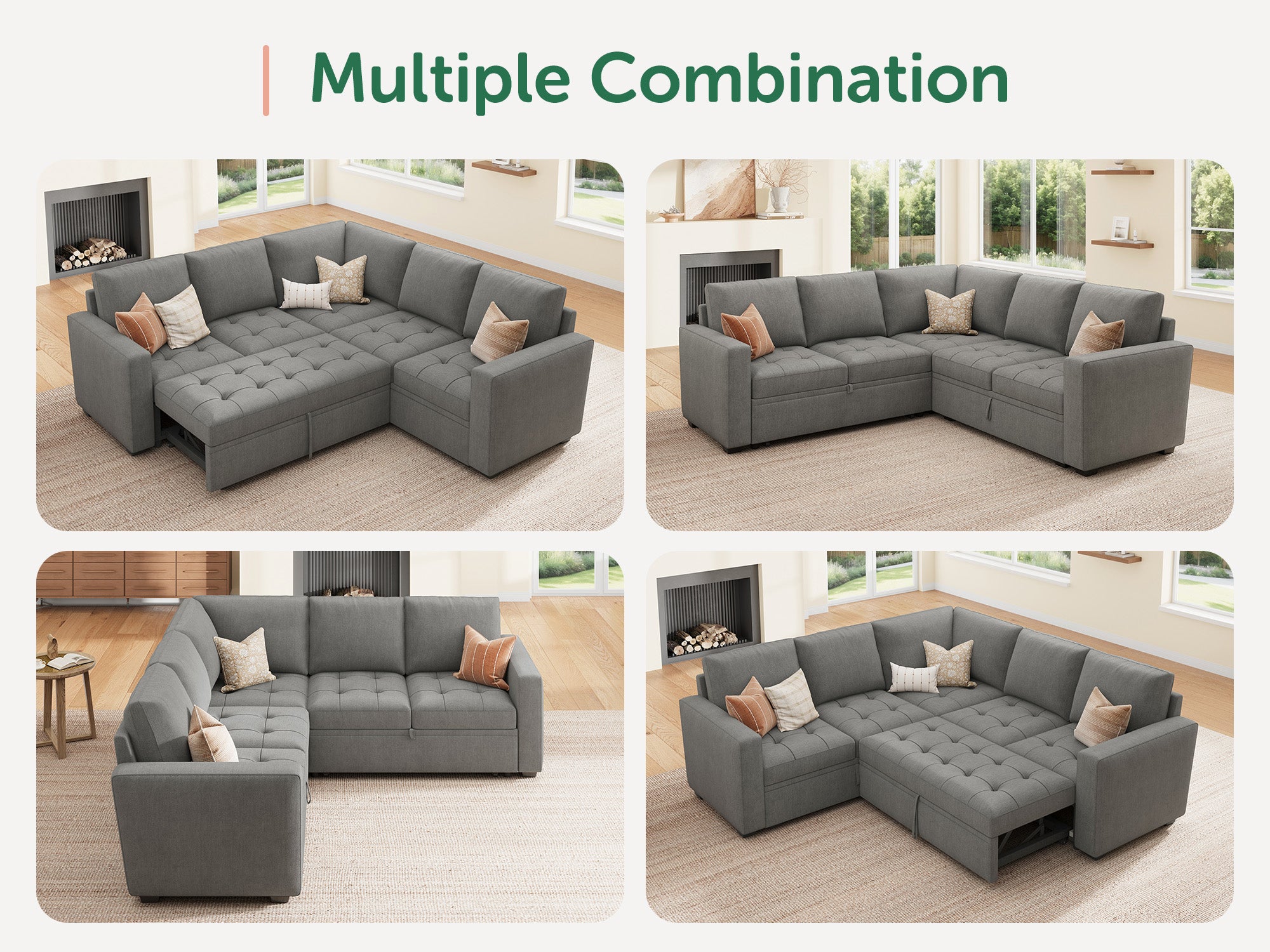 HONBAY 5-Piece Polyester Modular Sleeper Sectional Sofa With Storage Space