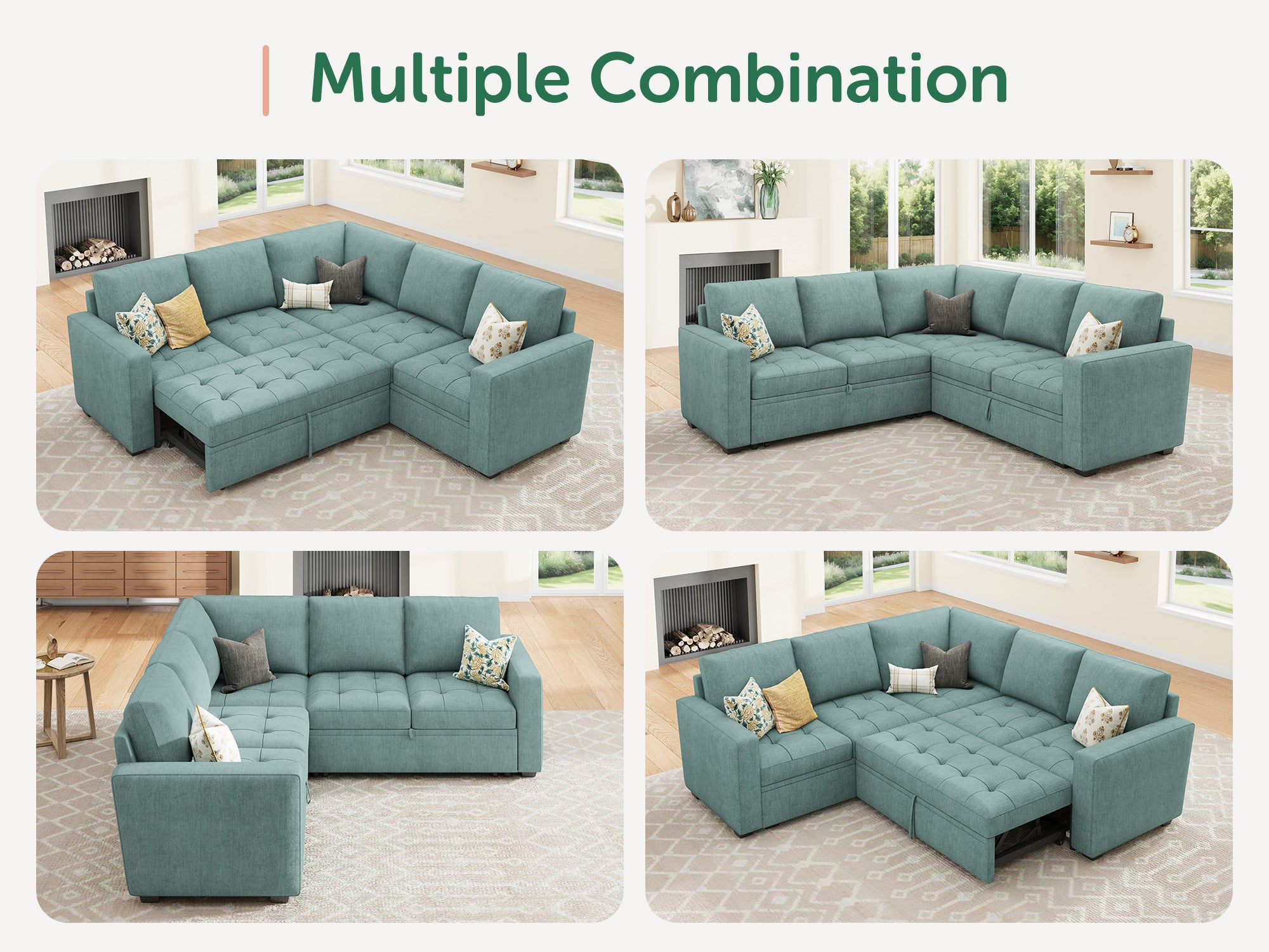 HONBAY 5-Piece Polyester Modular Sleeper Sectional With Storage Space #Color_Aqua Blue