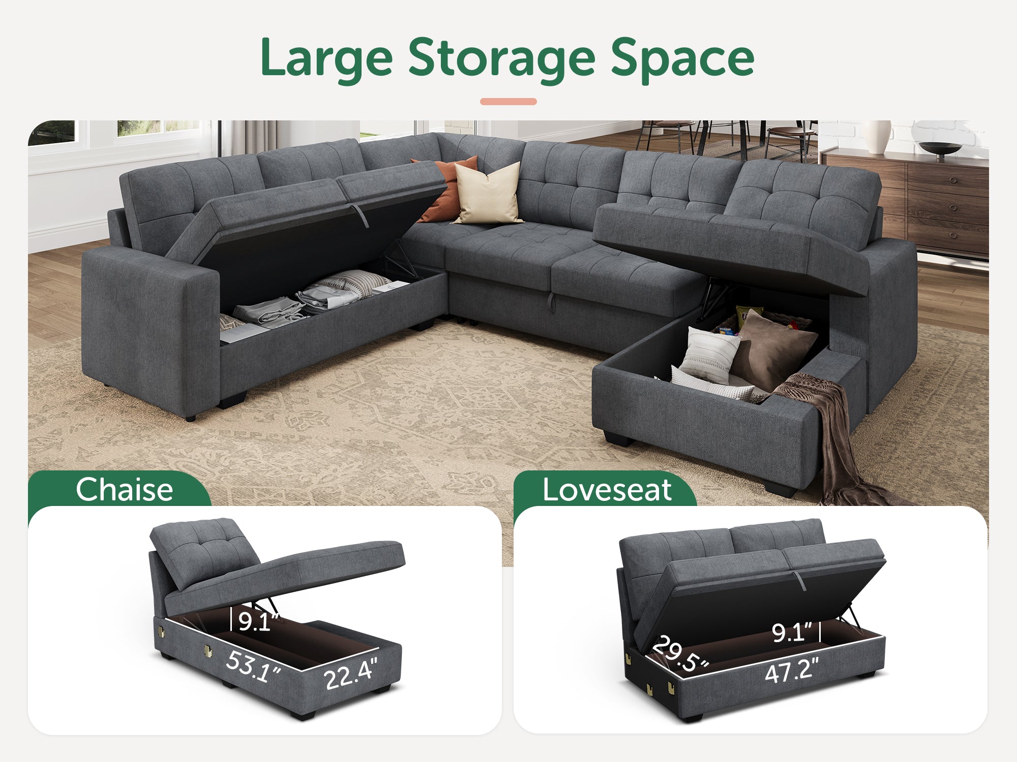 HONBAY 6-Piece Polyester Sleeper Sectional Sofa With Storage Space