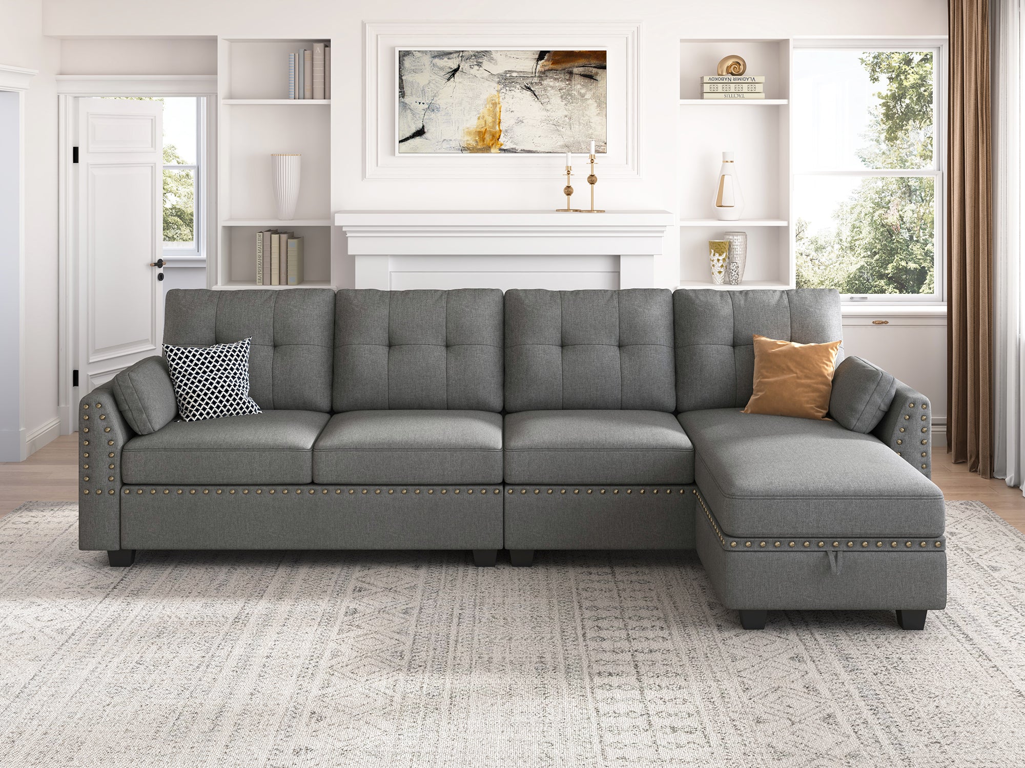 HONBAY 4-Piece Polyester Convertible Sectional With Storage Ottoman