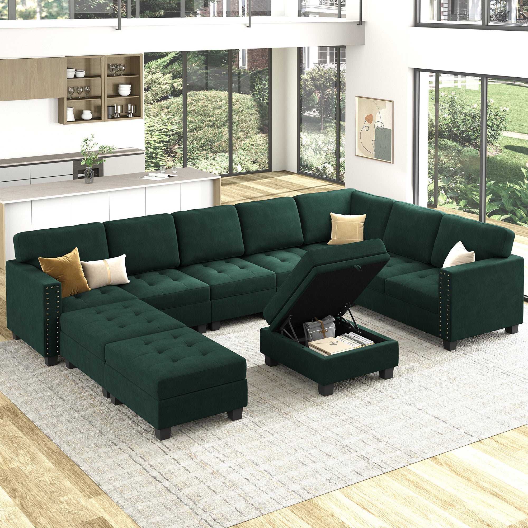 HONBAY Wraparound Modular Sofa 10-Seat With 1-Storage Space+1-Left Arm+1-Right Arm #Color_Green