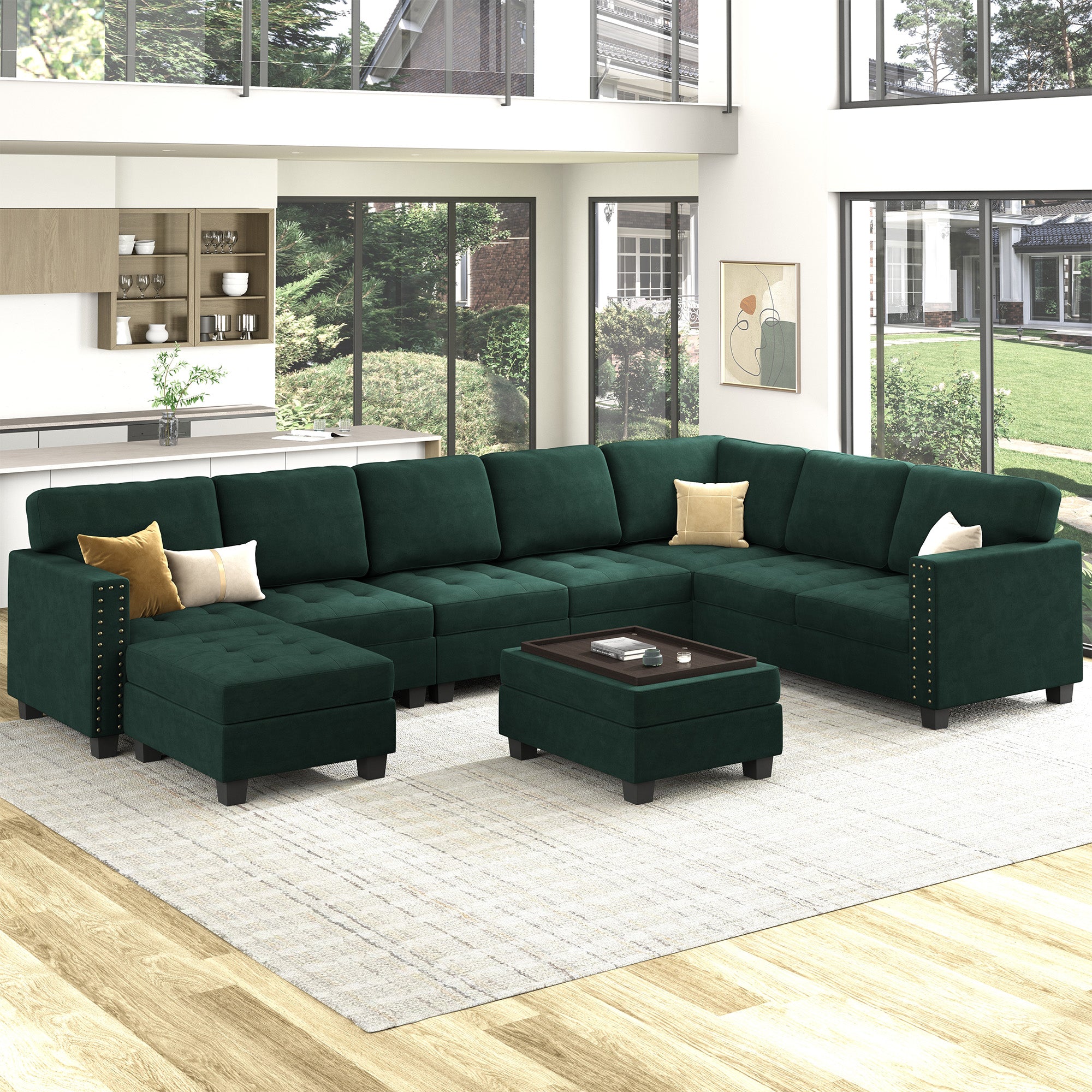 HONBAY Velvet Sectional Couch, U Shaped Sectional Sofa with Chaise Modular Sectional with Storage Ottoman for Living Room #Color_Green
