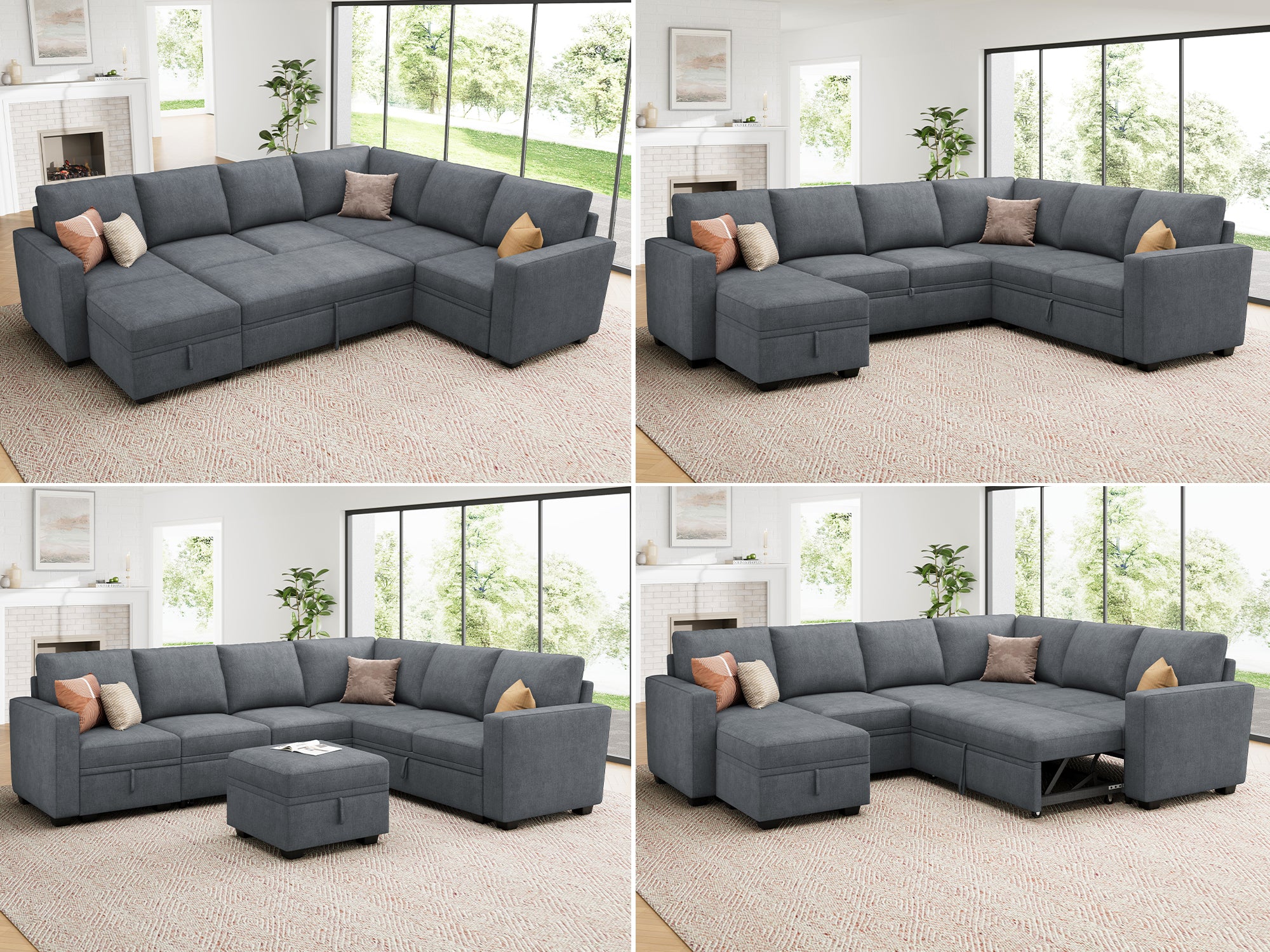 HONBAY Sleep Modular Sofa 7-Seat Sofa Bed with 4-Storage Space #Color_Bluish Grey