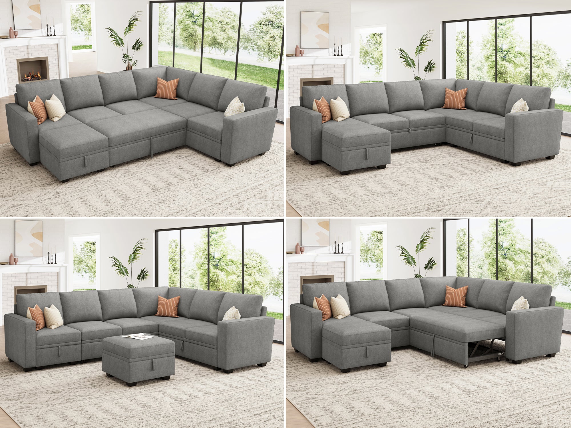 HONBAY Sleep Modular Sofa 7-Seat Sofa Bed with 4-Storage Space #Color_Warm Grey