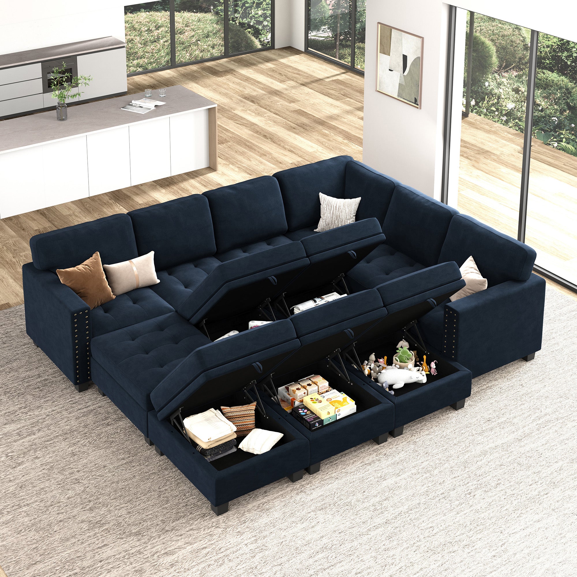 HONBAY Wraparound Modular Sofa 12-Seat With 5-Storage Space+1-Left Arm+1-Right Arm #Color_Dark Blue