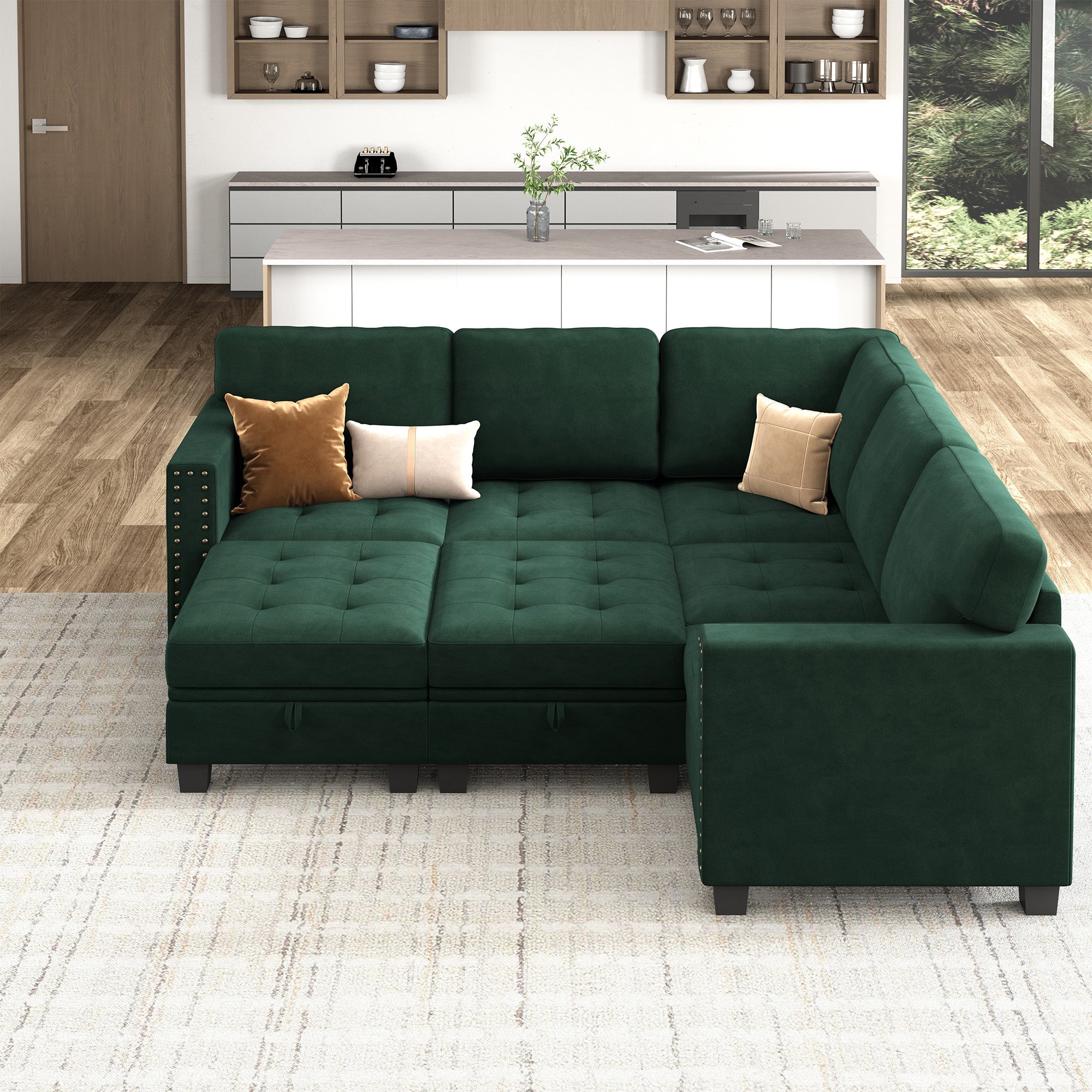 HONBAY Wraparound Modular Sofa 7-Seat With 2-Storage Space+1-Left Arm+1-Right Arm #Color_Green