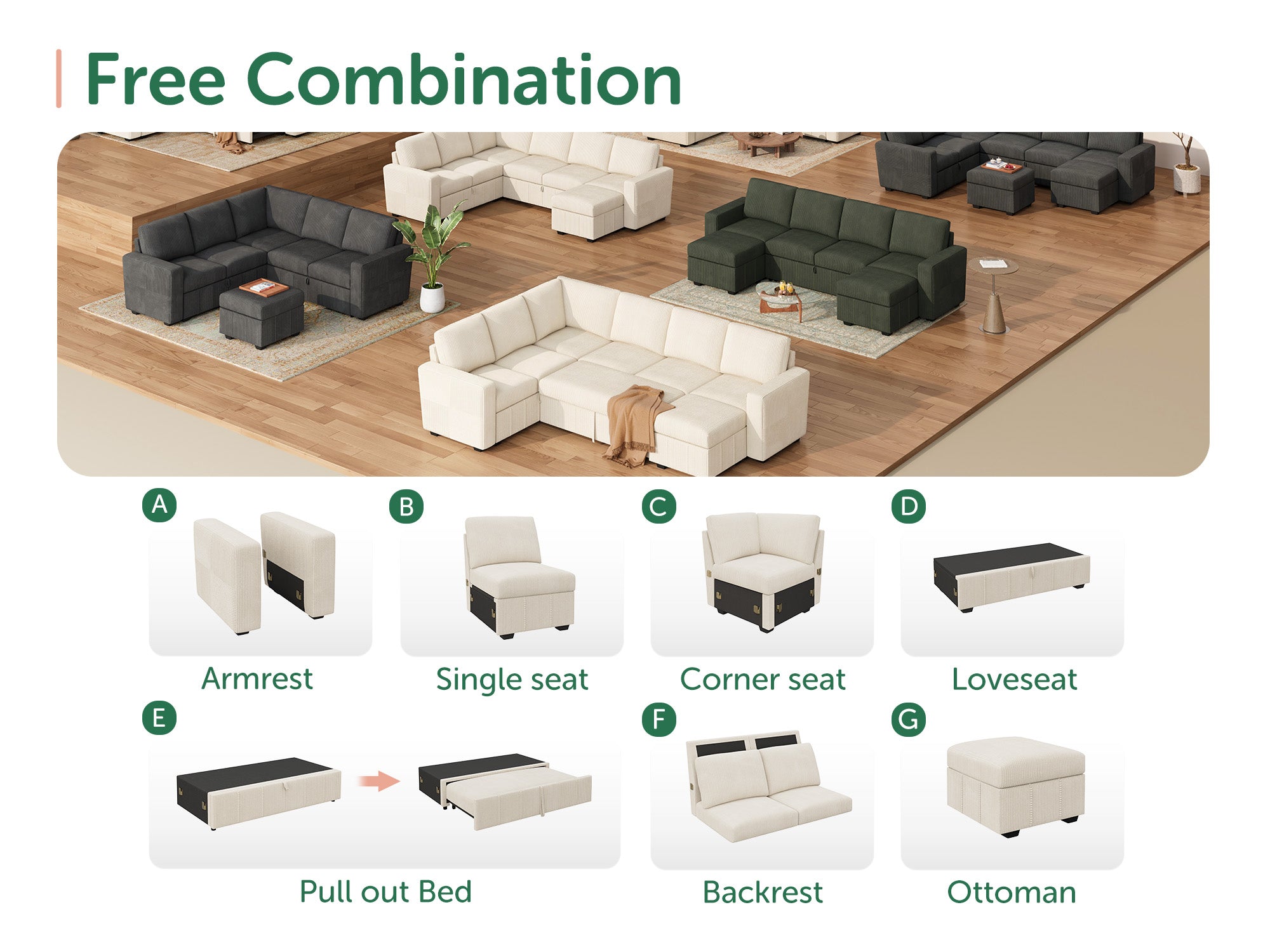8-Piece Corduroy U-Shaped  Sleeper Sectional 
#Color_Corduroy Beige