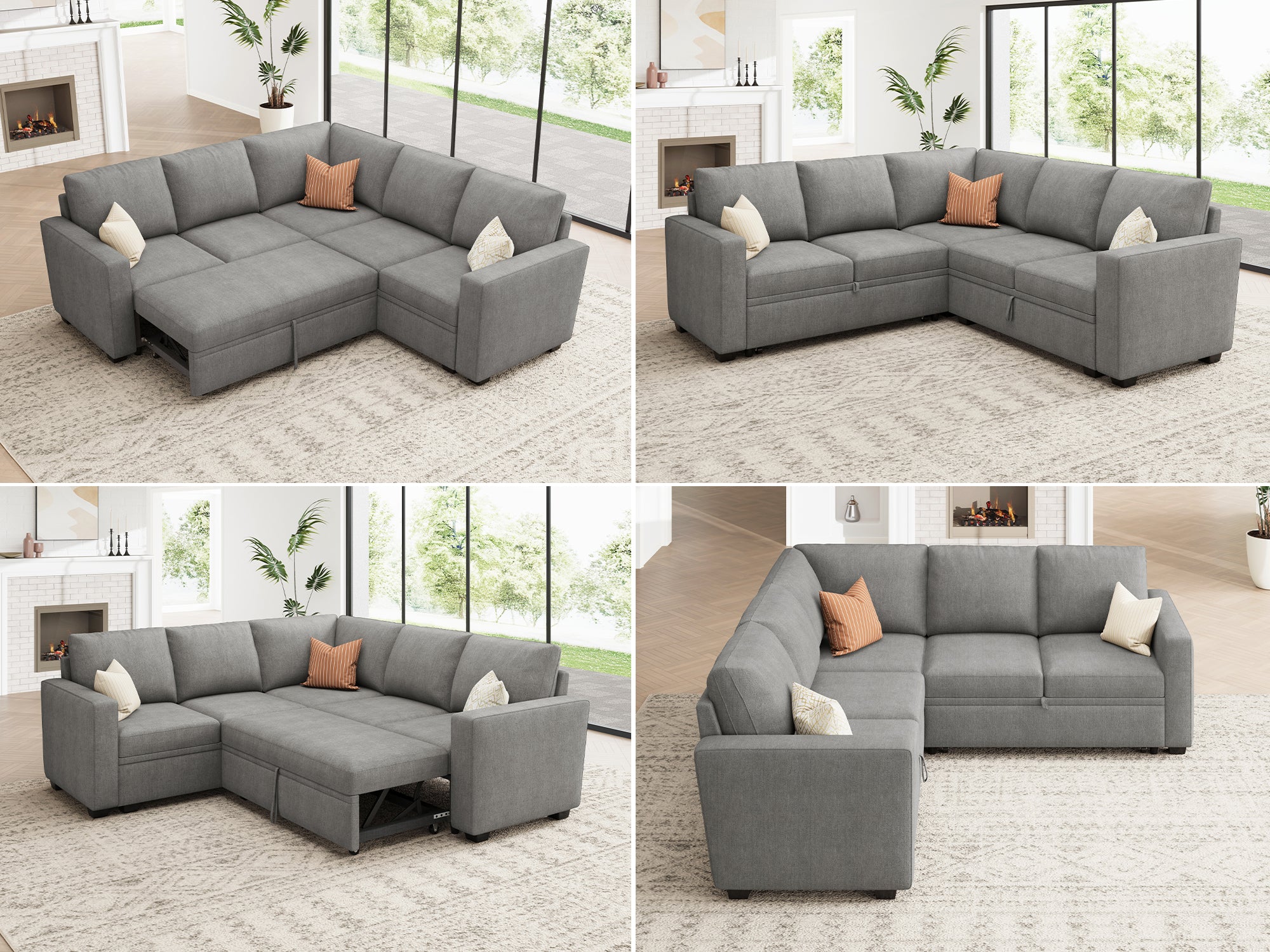 HONBAY 5-Piece Polyester Modular Sleeper Sectional With Storage Space #Color_Warm Grey