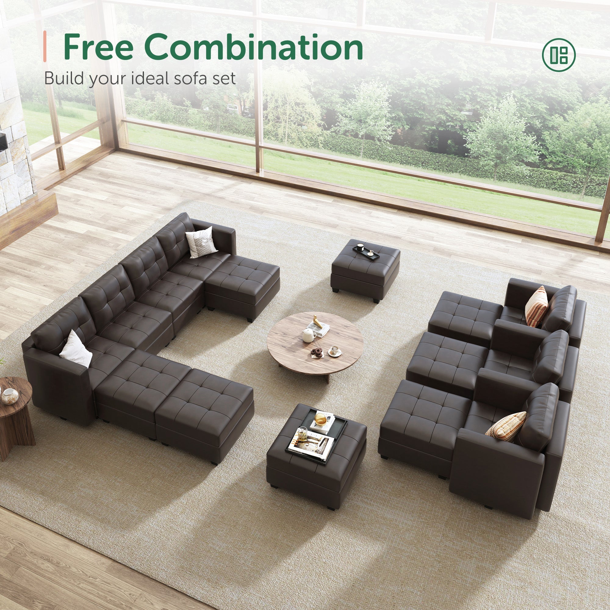 HONBAY 11-Piece Faux Leather Modular Sleeper Sectional With Storage Seat